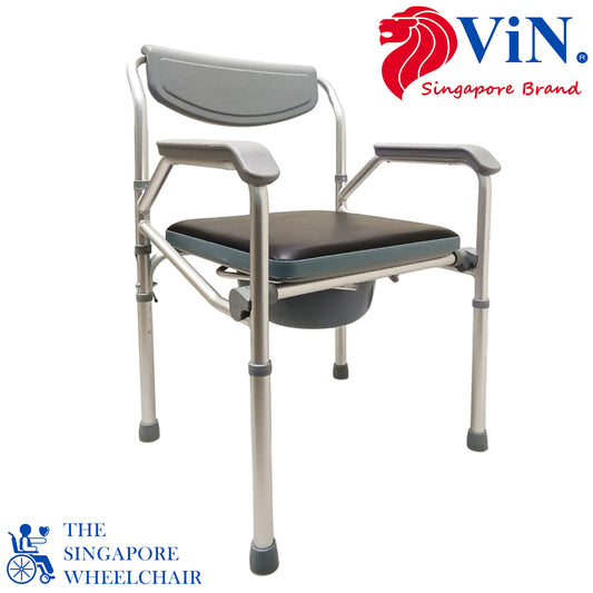 Foldable commode shower chair with adjustable height and anti-rust build. Comfortable, sturdy, and easy to clean