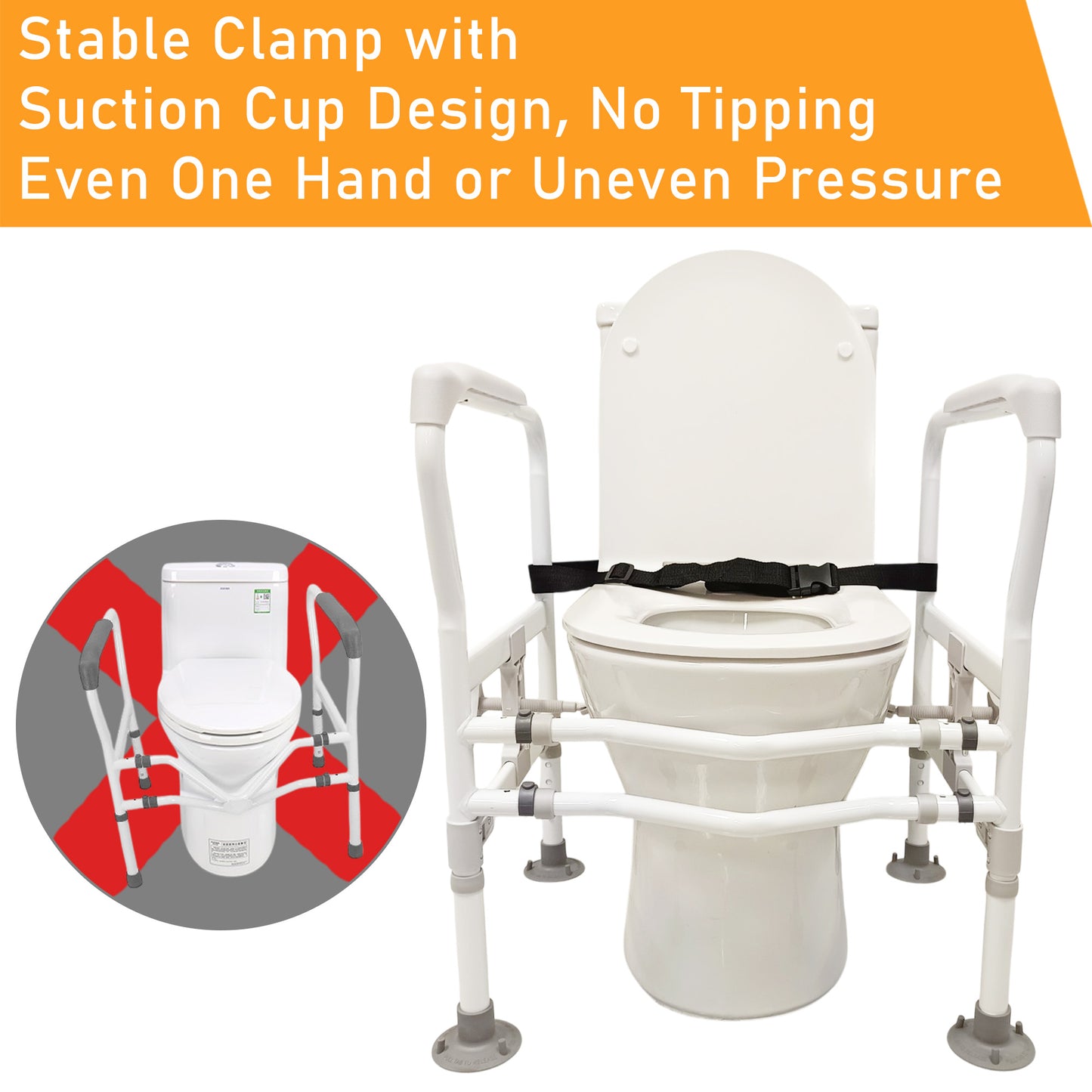 ViN-THR01 adjustable toilet safety armrest with rust-resistant powder-coated frame, suction cup feet, adjustable height and width, anti-slip waterproof design, and stable support to prevent tipping and wobbling.