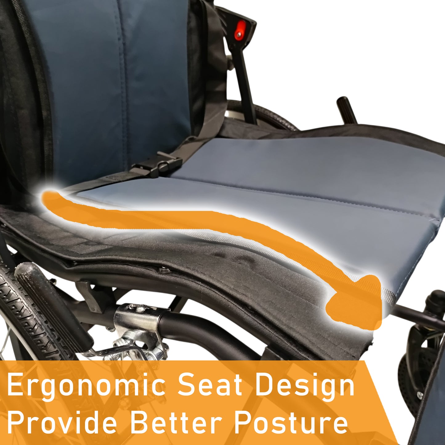 Foldable self-propelled wheelchair with ergonomic seat, washable cushion, flip-up armrests and leg rests, dual brakes, off-road casters and anti-tipper, compact design for car boot and airplane travel