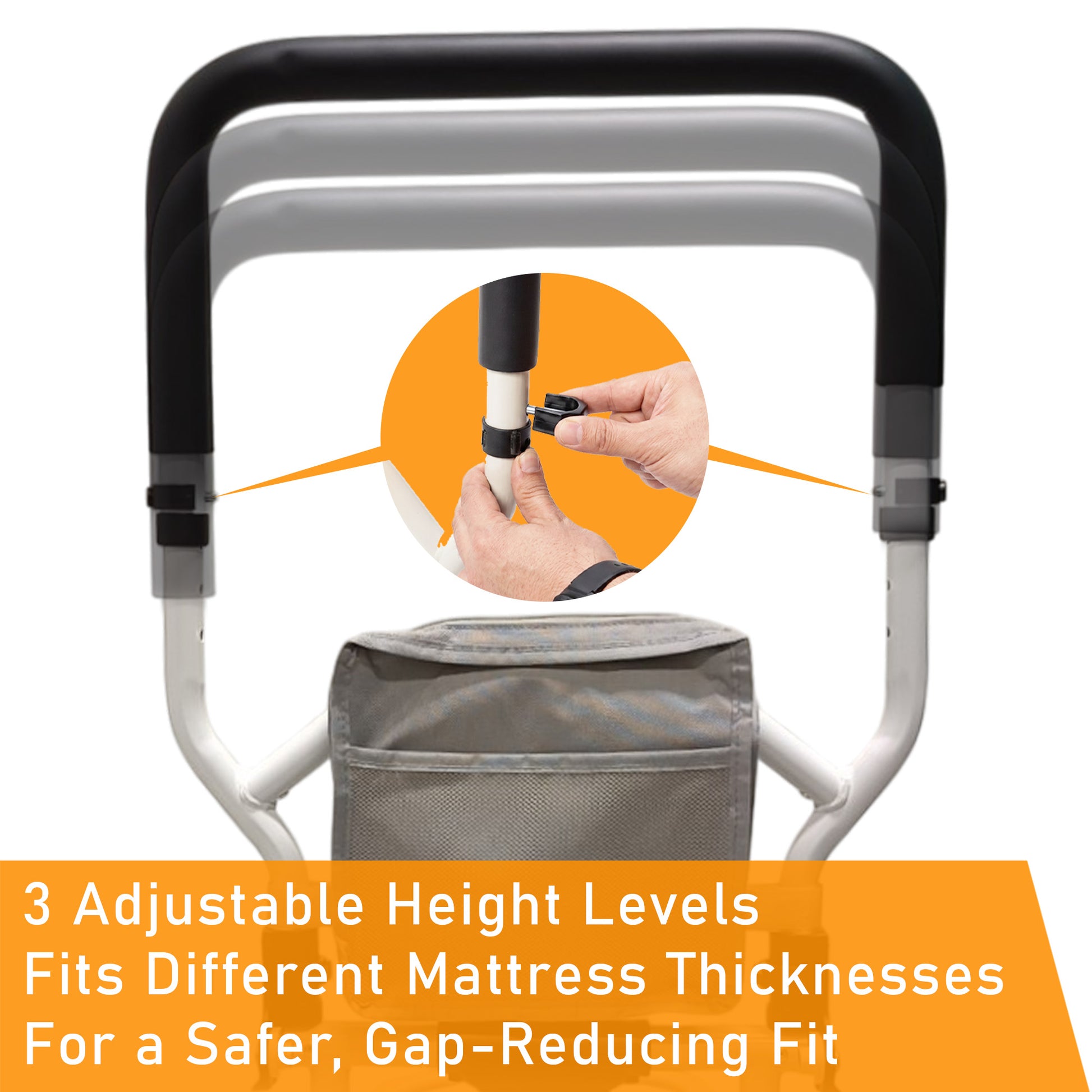 Adjustable height bed rail for elderly with flip-down handrail, cushioned handle, leg support, stainless steel frame with Powder Coating, and secure safety belt.