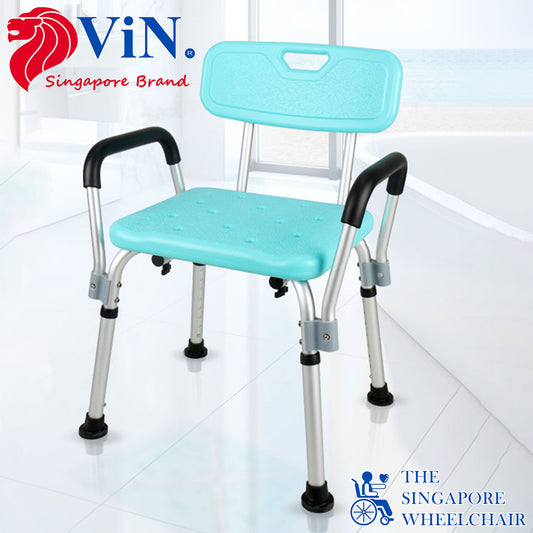 ViN-SC02 | Ultra Lightweight Shower Chair + Detachable Waterproof Armrest Soft Cushion + Height Adjustable + Slip Resistant + Strengthened Main Structure
