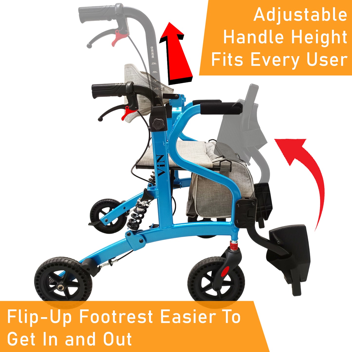ViN-R1 lightweight rollator walker with adjustable height handles, flip-up footrest, suspension system, removable storage bag, and dual brake design.