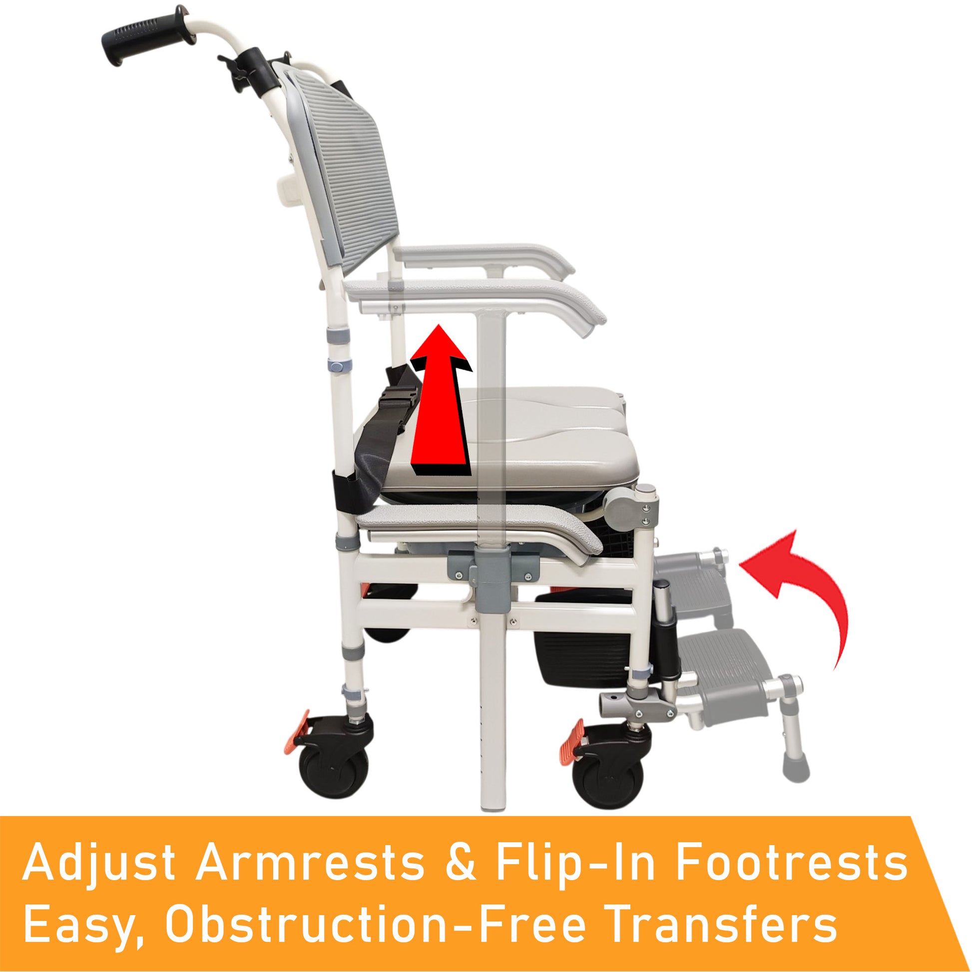 ViN-K05 foldable aluminum shower commode chair with waterproof cushion, adjustable armrests, flip-in footrests, full-lock caster wheels, removable commode bucket, anti-tipper, safety belt, and detachable backrest for toilet, shower, and indoor wheelchair use.