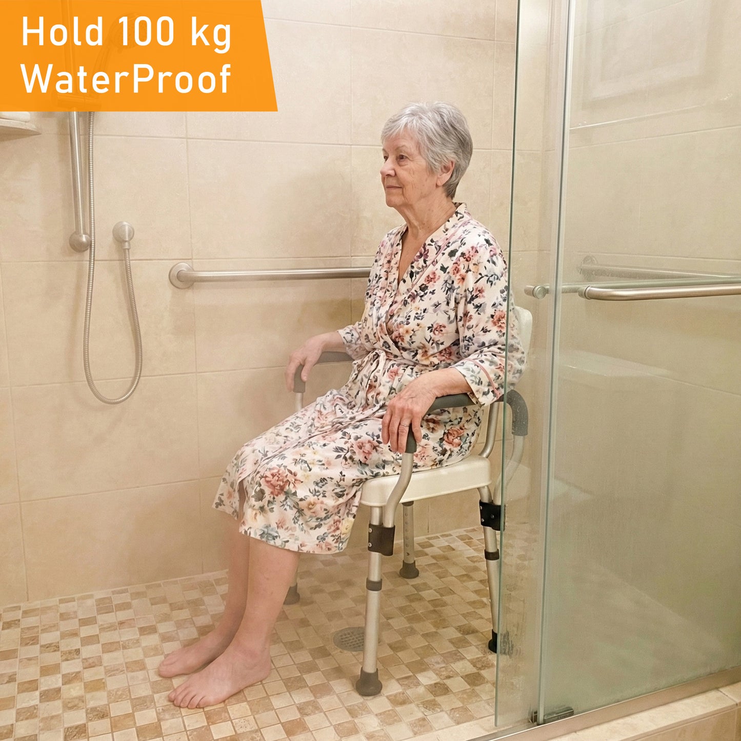 ViN-SC02 | Ultra Lightweight Shower Chair + Detachable Waterproof Armrest Soft Cushion + Height Adjustable + Slip Resistant + Strengthened Main Structure