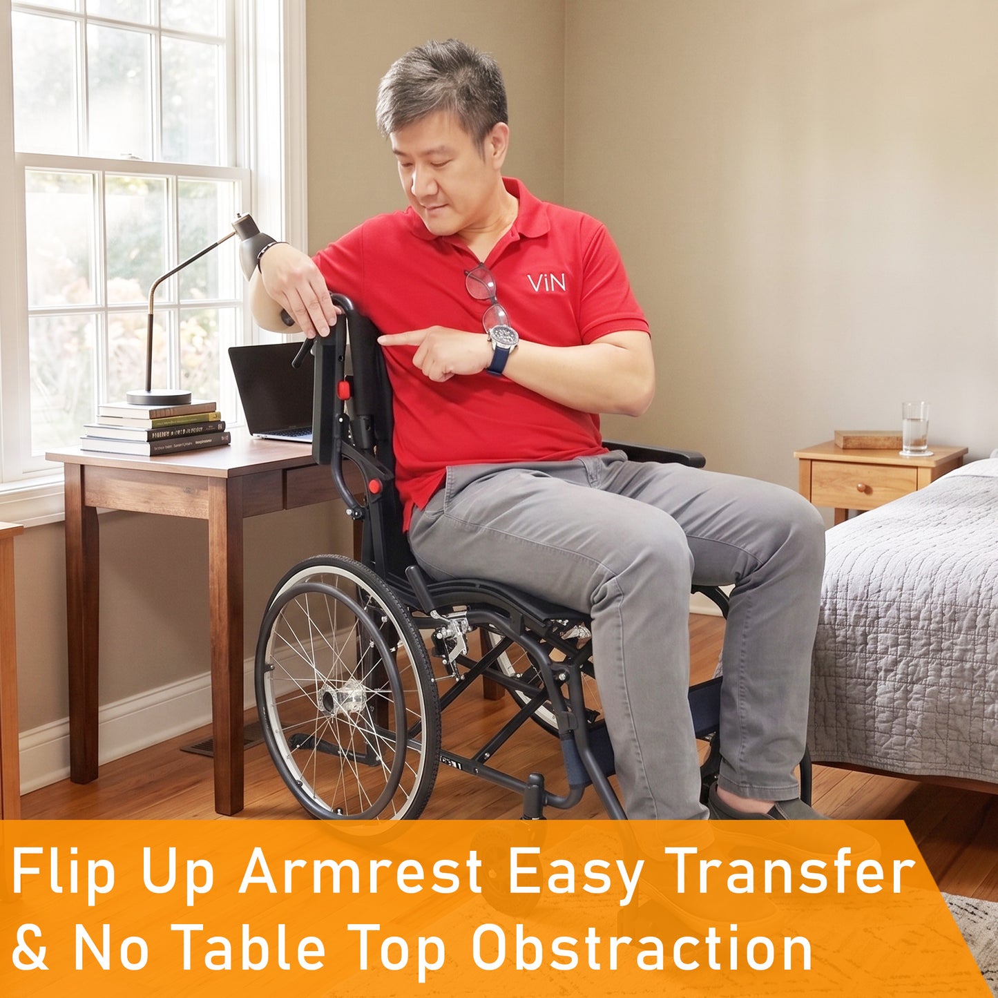 Foldable self-propelled wheelchair with ergonomic seat, washable cushion, flip-up armrests and leg rests, dual brakes, off-road casters and anti-tipper, compact design for car boot and airplane travel