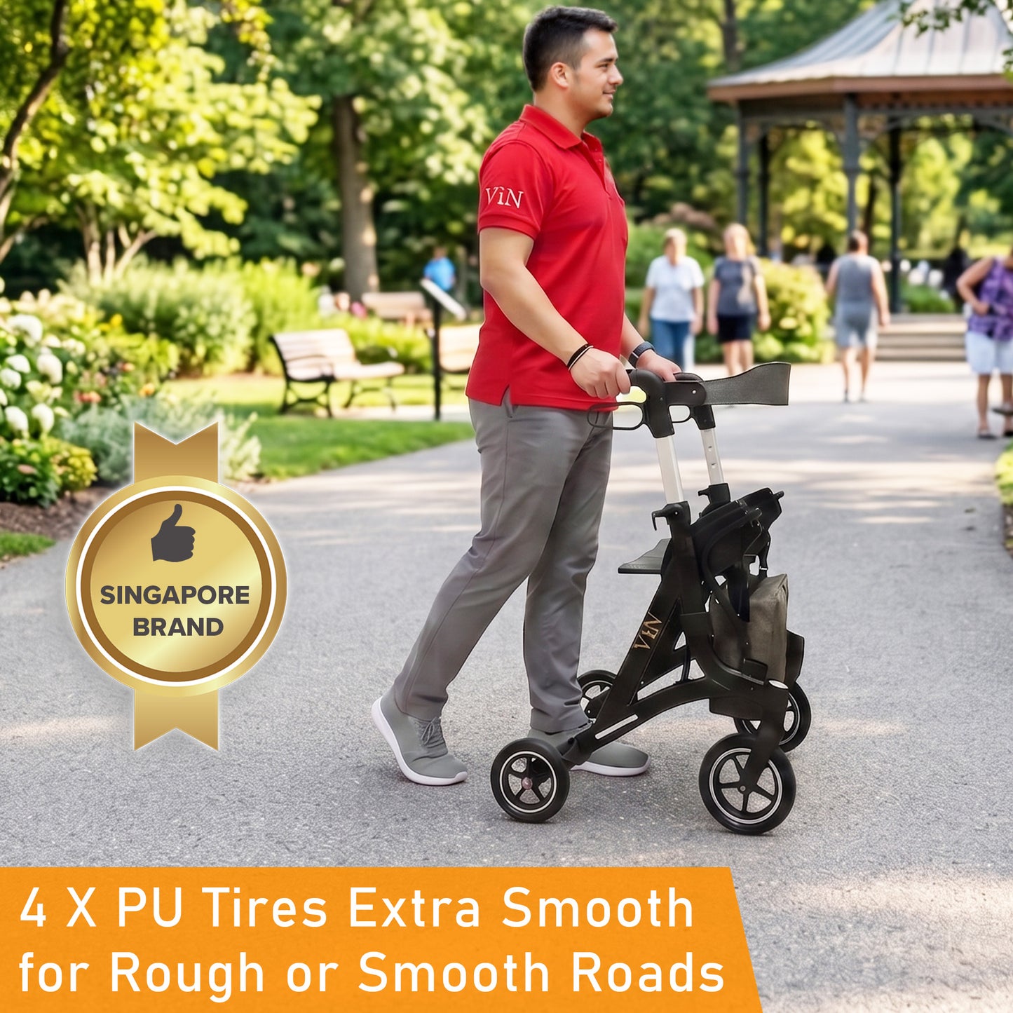 ViN-R2 | Rollator + Adjustable Height Handle + Flip-up Footrest + Lightweight + Removable Rollator Storage Bag + Dual Brake System