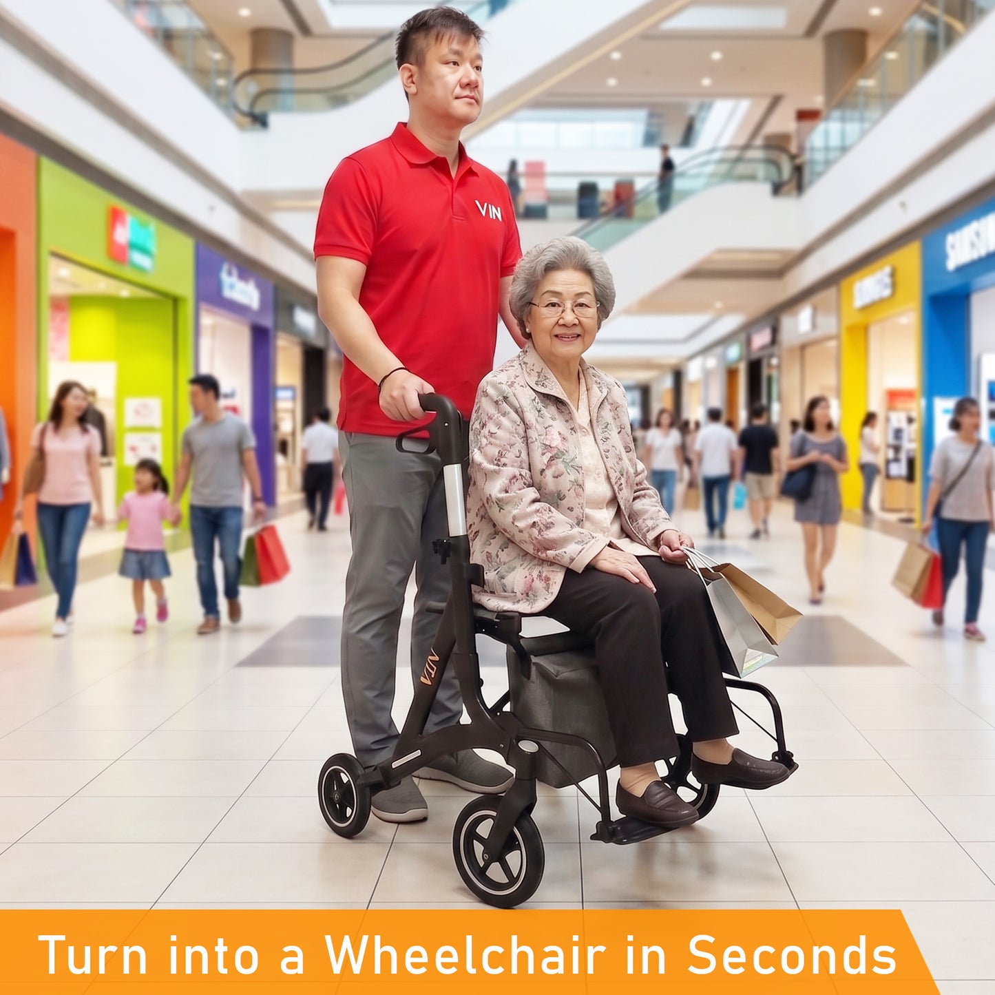 ViN-R2 | Rollator + Adjustable Height Handle + Flip-up Footrest + Lightweight + Removable Rollator Storage Bag + Dual Brake System