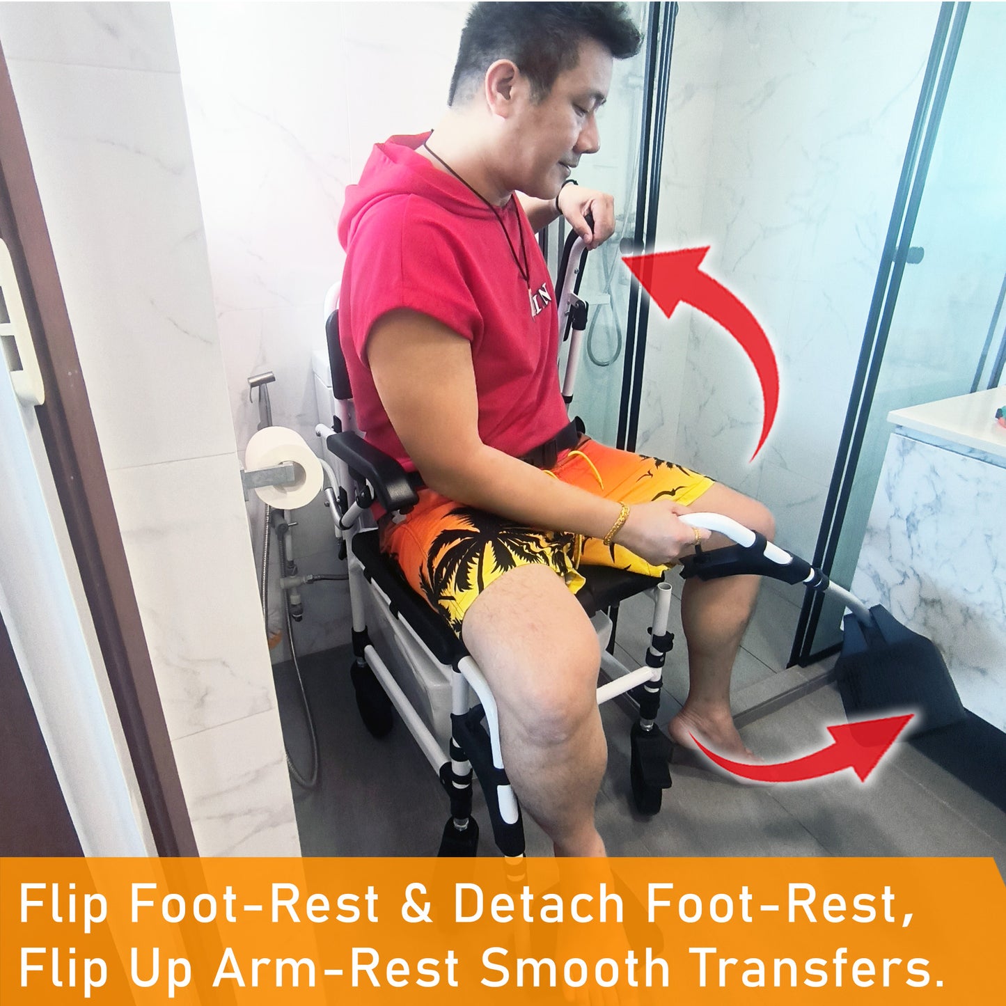 ViN K08 | Shower Commode Indoor Wheelchair - Adjustable height + 4 Lockable Rotation Wheels + Flip Up Armrest + Flip/Detach Footrest