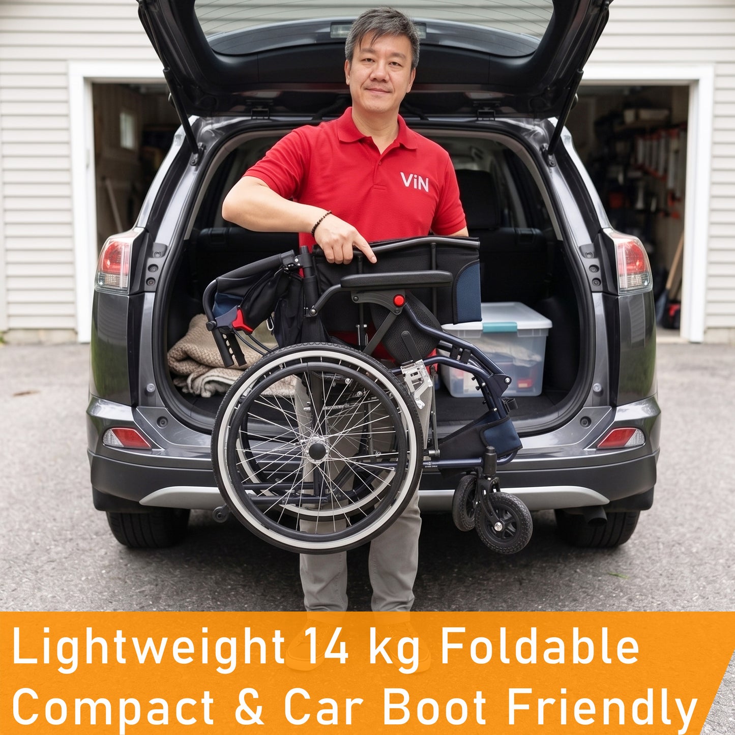 Foldable self-propelled wheelchair with ergonomic seat, washable cushion, flip-up armrests and leg rests, dual brakes, off-road casters and anti-tipper, compact design for car boot and airplane travel