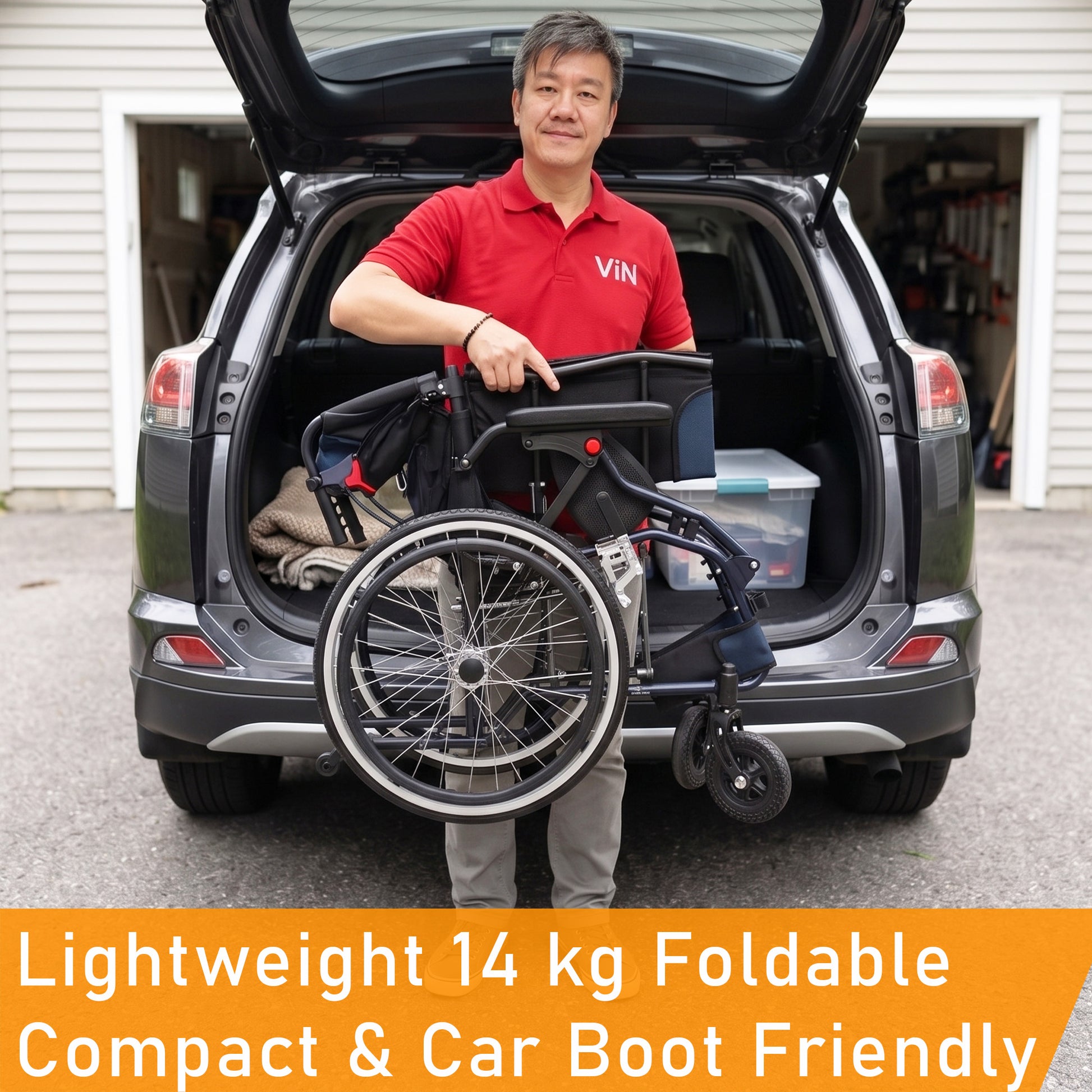 Foldable self-propelled wheelchair with ergonomic seat, washable cushion, flip-up armrests and leg rests, dual brakes, off-road casters and anti-tipper, compact design for car boot and airplane travel