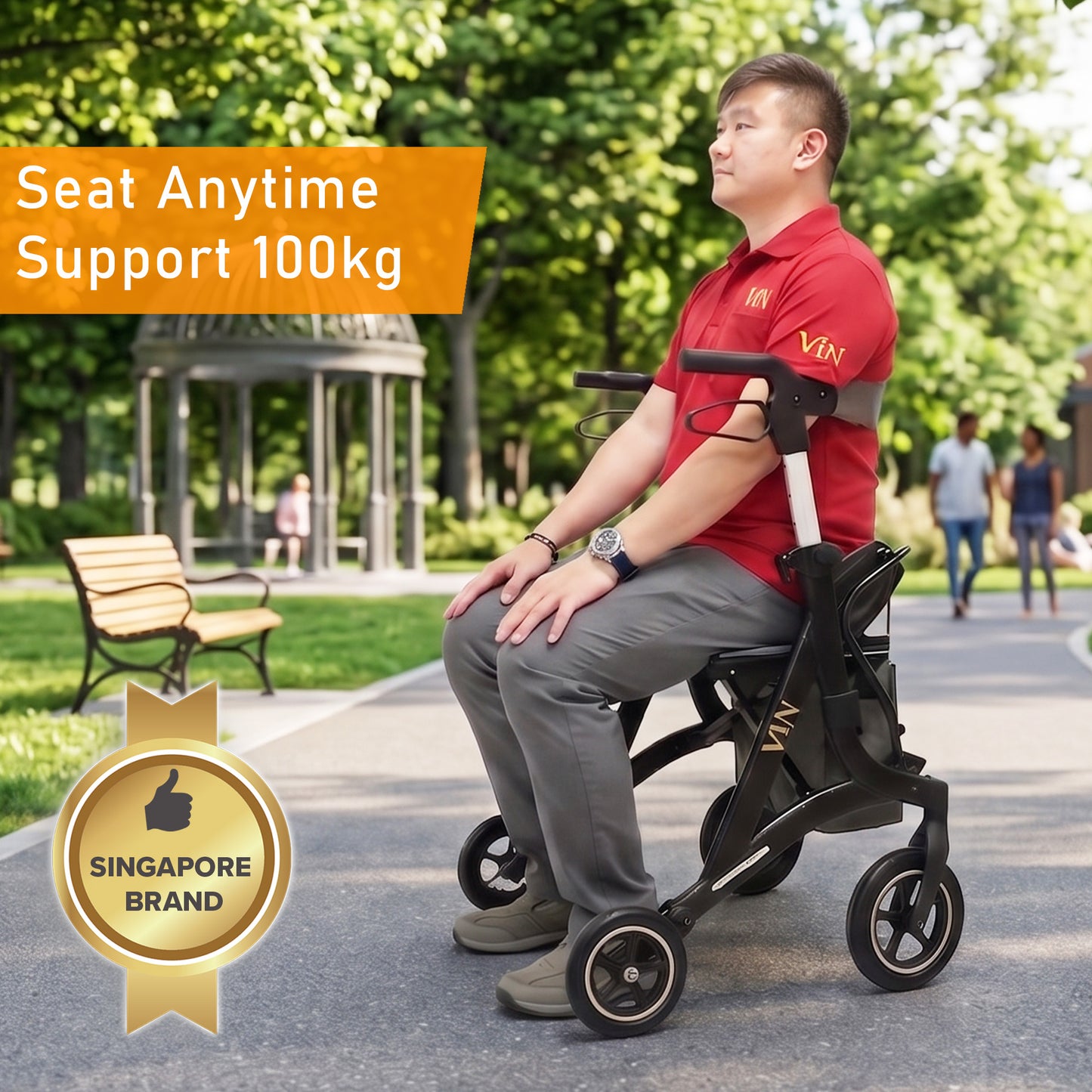 ViN-R2 | Rollator + Adjustable Height Handle + Flip-up Footrest + Lightweight + Removable Rollator Storage Bag + Dual Brake System