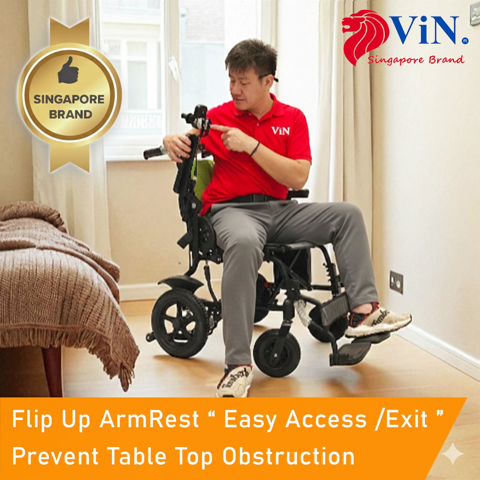 ViN-46A14 Motorised Electric Wheelchair with Aluminium lightweight Anti Rust body frame, Armrest Flip Up, Anti-Tipper