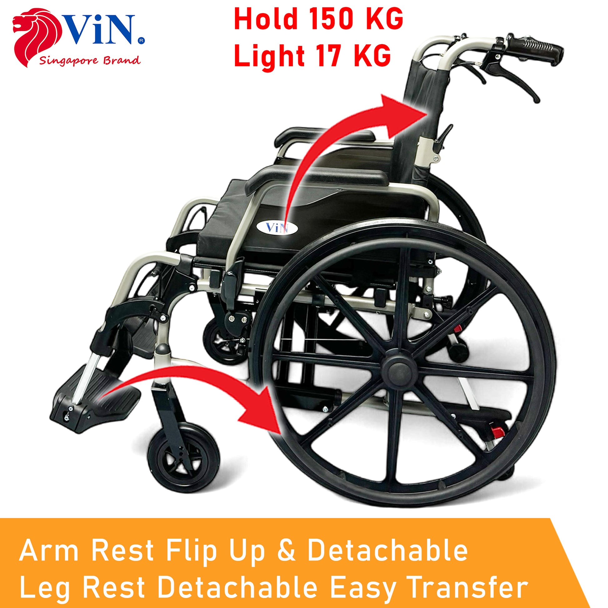 ViN 46AL Big Wheelchair, heavy-duty self propelled wheelchair with 150kg capacity and detachable armrest and legrest