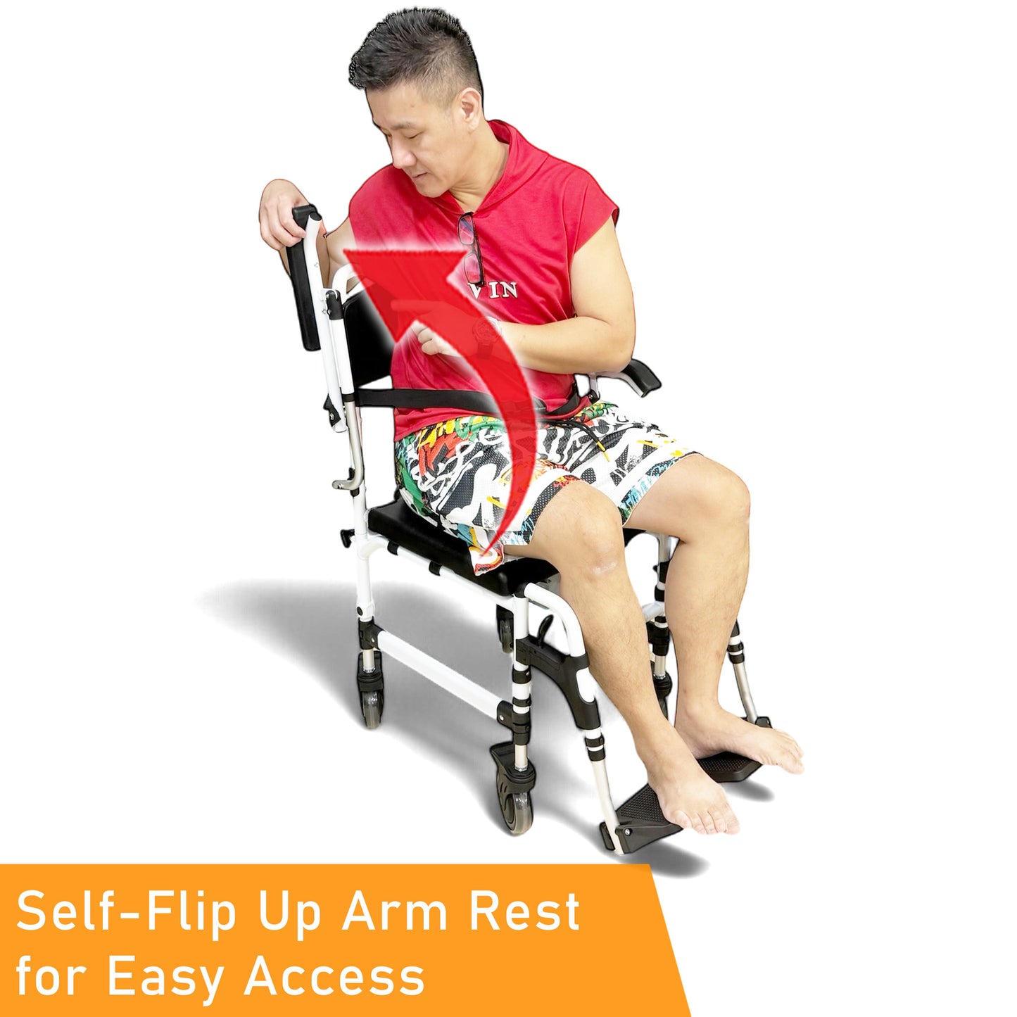 ViN K08 | Shower Commode Indoor Wheelchair - Adjustable height + 4 Lockable Rotation Wheels + Flip Up Armrest + Flip/Detach Footrest