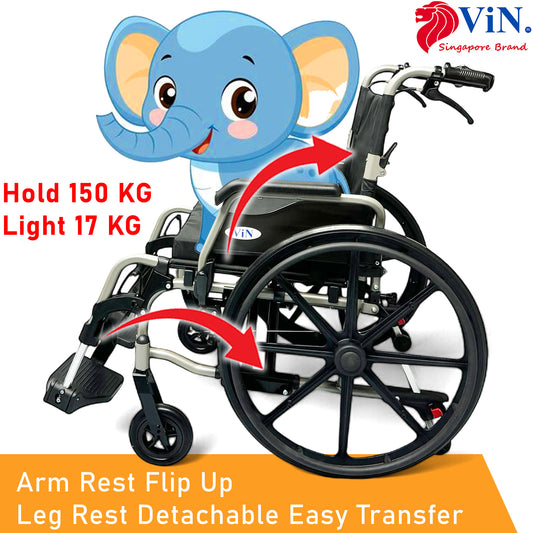 ViN 46AL | BIG Wheelchair - Hold 150 KG + 56 CM Seat Width + Self Propelled - Armrest & Leg Rest Detachable