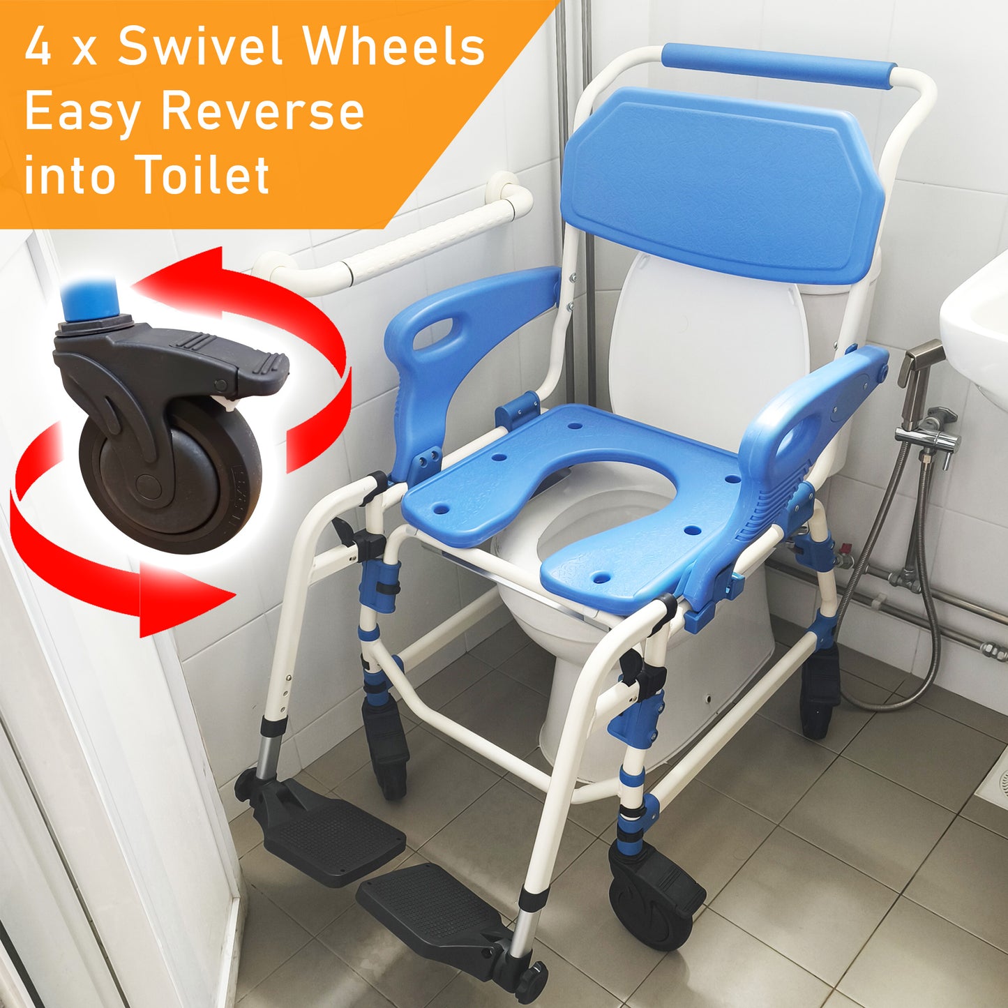 ViN-K02 | Shower Commode Indoor Wheelchair + Extra-Wide Seat + 4 Lockable Wheels + Flip Up Armrest + Detachable Adjustable Height Footrest + Detachable Waterproof EVA Cushion