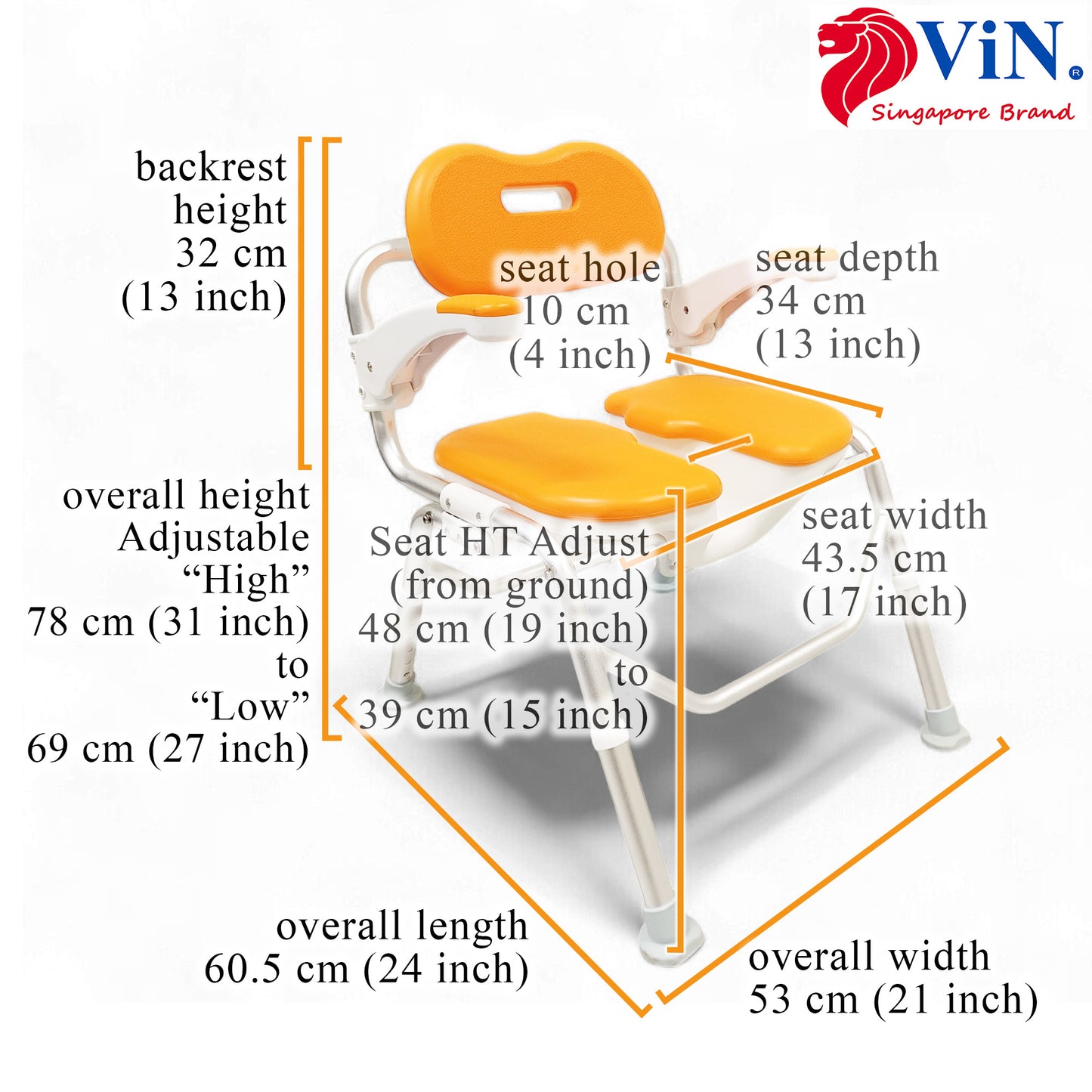 ViN-SC01 | Foldable Shower Chair + Detachable Waterproof EVA Soft Cushion + Armrest Flip Up + Adjustable height + Height Adjustable + Slip Resistant + U-Shape Groove Cutout for Private Cleaning