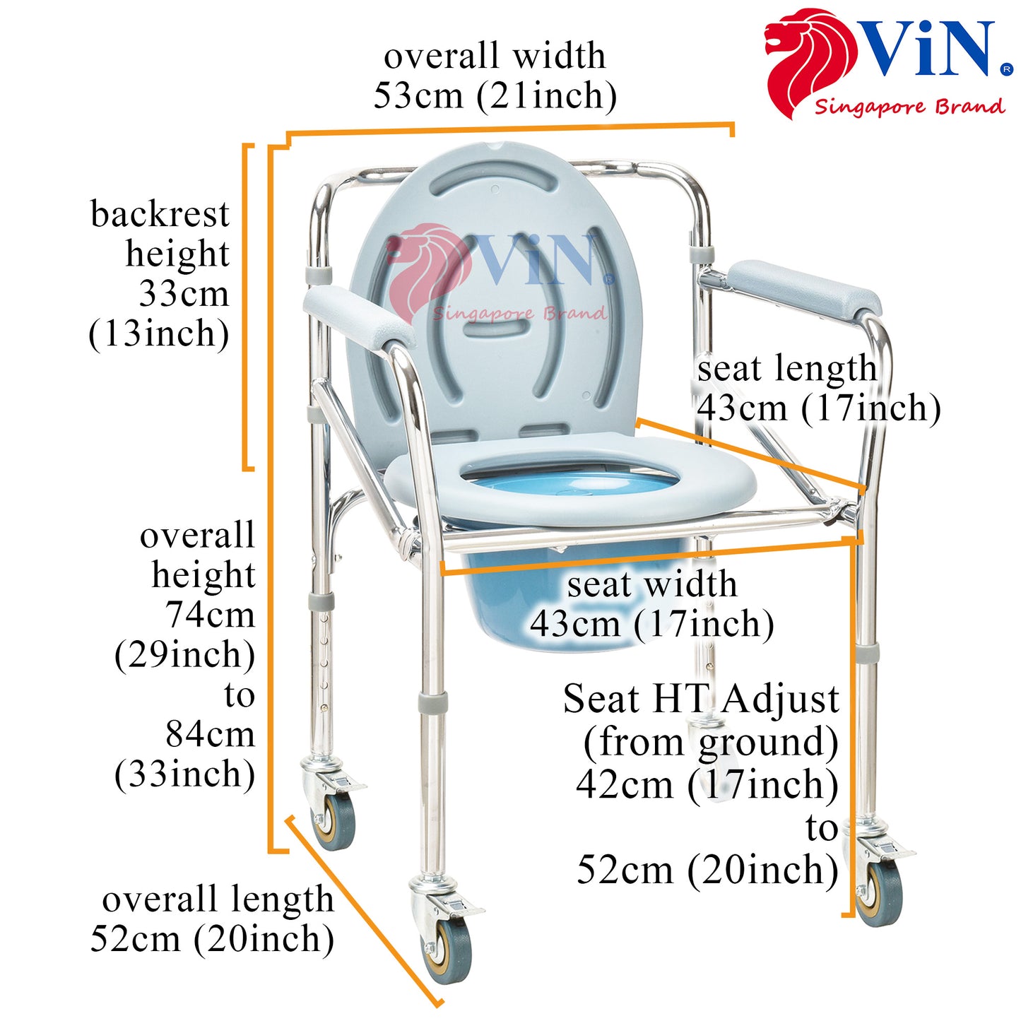 ViN-K03 | Commode Chair - Foldable + Adjustable height + 4 Lockable Wheels