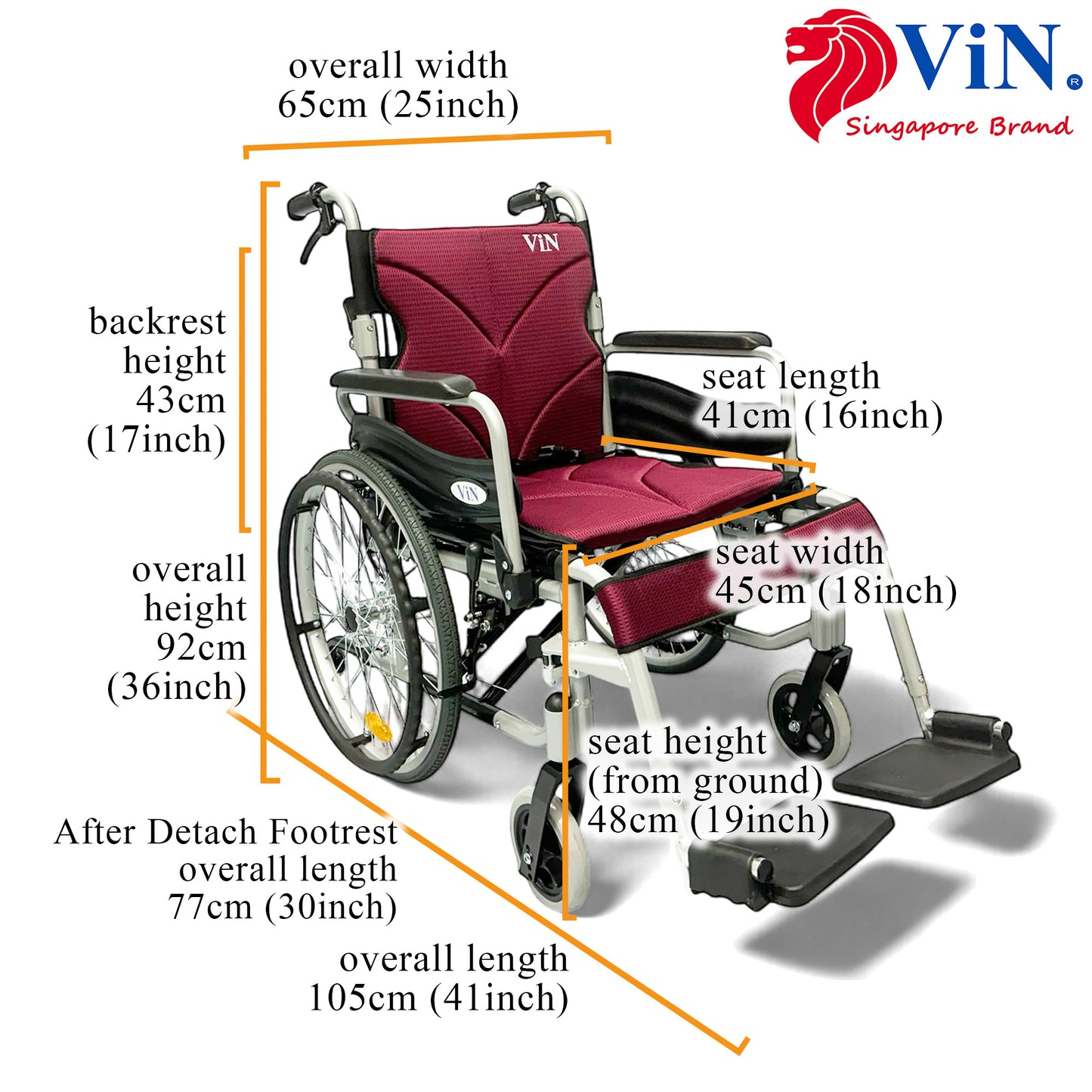 ViN-46A5M | Self Propelled Wheelchair  - Washable Cushion - Flip-up Armrest - Detachable Legrest - Anti Tipper