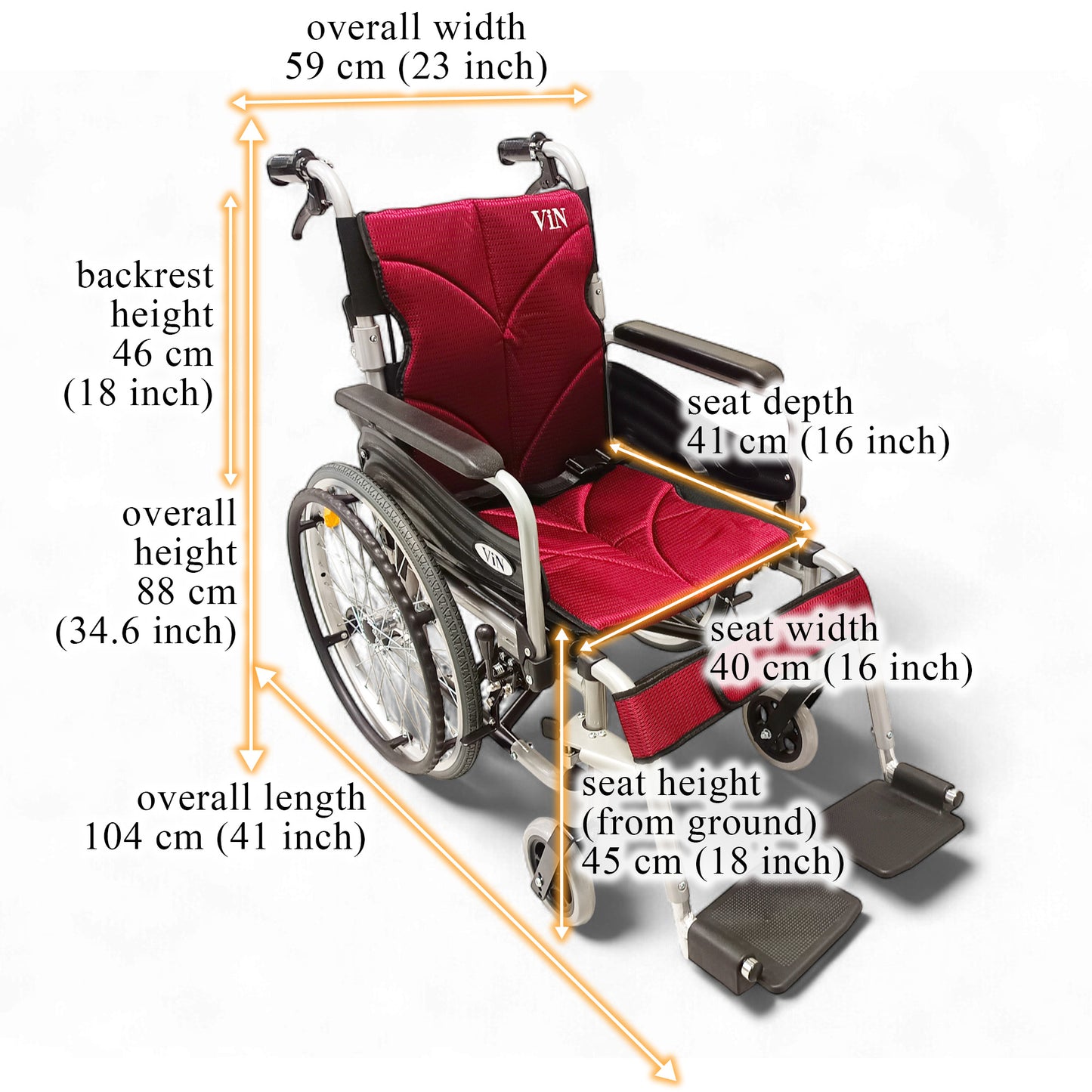 ViN-46A5M-16 | "16 inch" Narrow 16 Inches/40cm Seat - 13.8 kg Self Propelled Wheelchair for Children and Small Size User - Hold Weight Up to 100 kg - Washable Cushion - Flip-up Armrest - Detachable Legrest - Anti Tipper
