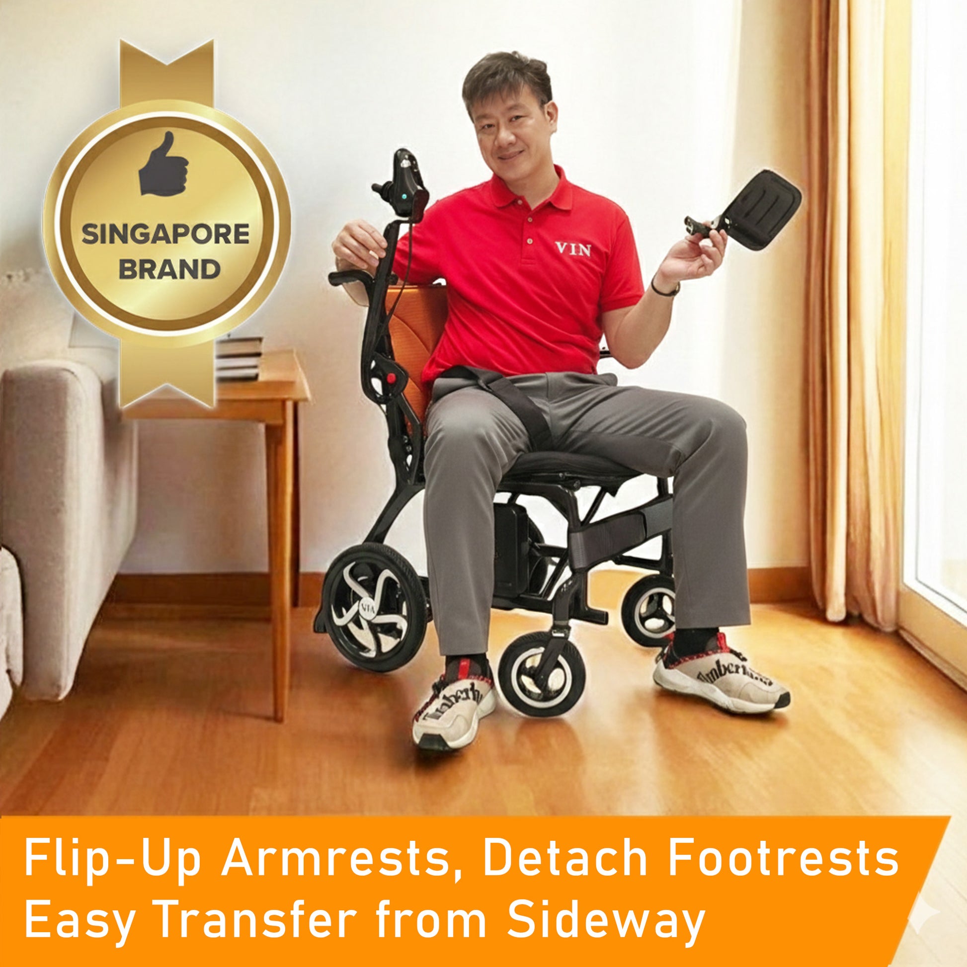 ViN-46A7 Motorised Electric Wheelchair, Full Carbon Fiber Body Frame, Ultra lightweight Corrosion-Resistant, Armrest Flip Up, Detachable & Washable Cushion, Anti-Tipper