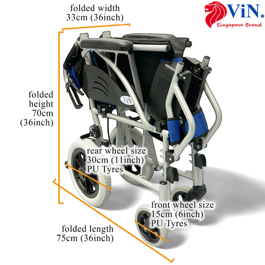 ViN 32ASAT Pushchair, lightweight wheelchair with fixed armrest, retractable footrest, and anti-tipper safety