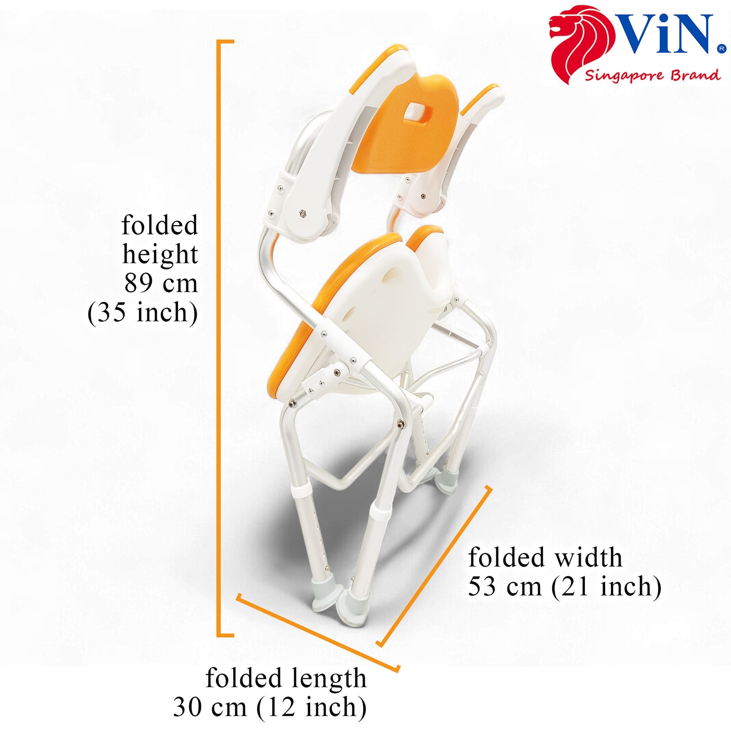 ViN-SC01 | Foldable Shower Chair + Detachable Waterproof EVA Soft Cushion + Armrest Flip Up + Adjustable height + Height Adjustable + Slip Resistant + U-Shape Groove Cutout for Private Cleaning