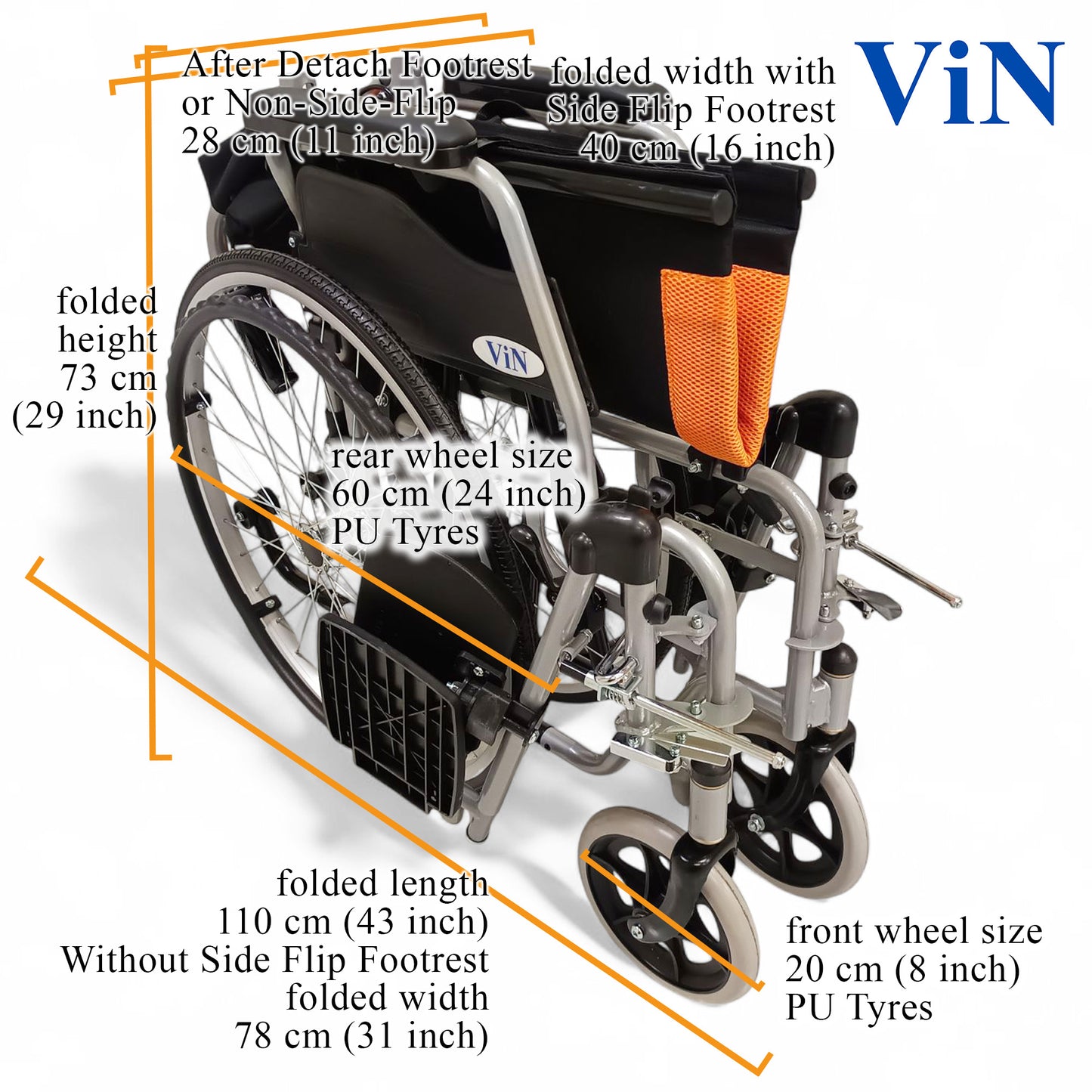 ViN 12A2-EL | Wheelchair Leg Elevated +Self Propelled + Detachable Leg Rest + Flip-up Armrest + Anti-tipper