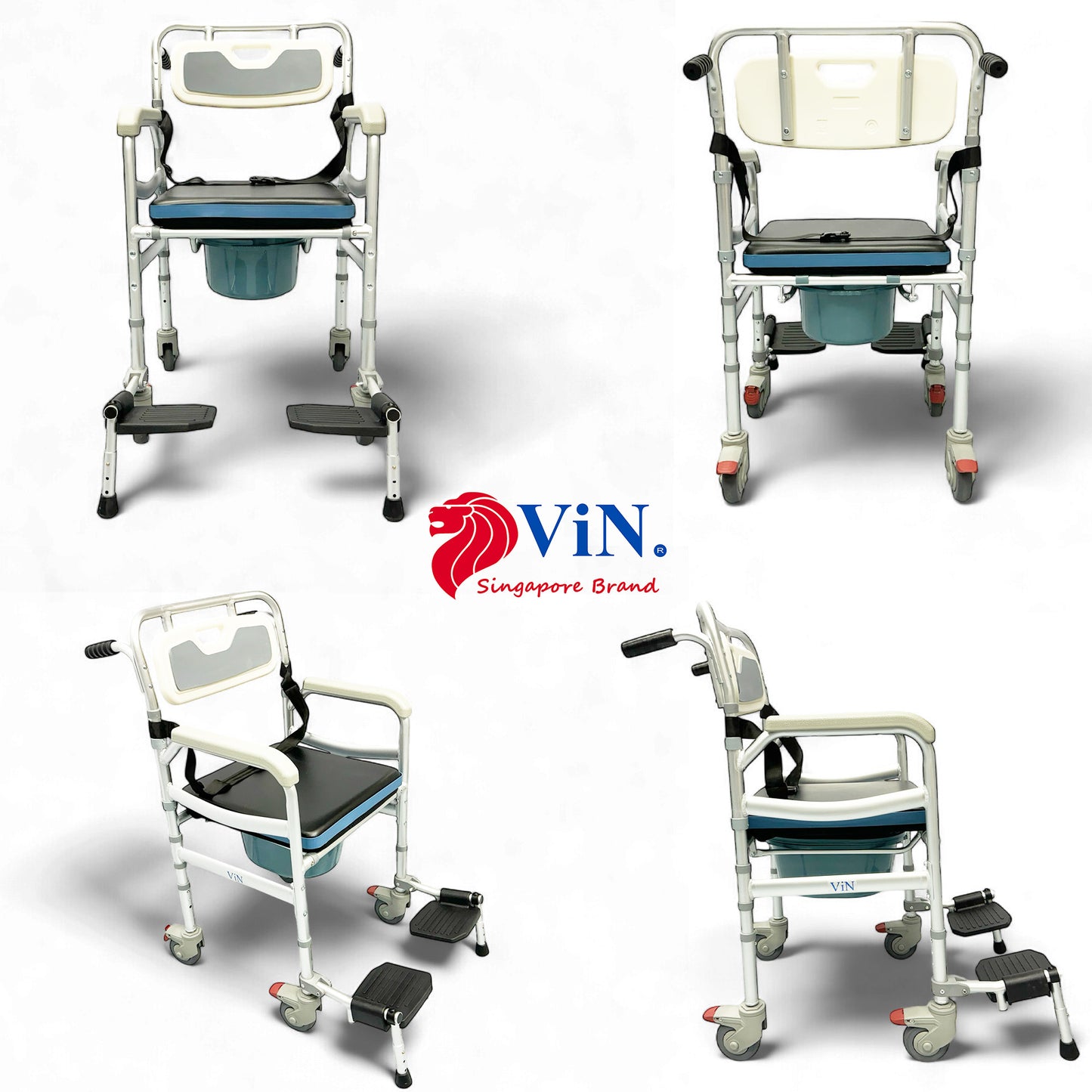 ViN J02 | Shower Commode Indoor Wheelchair + Adjustable height + 4 Lockable Wheels