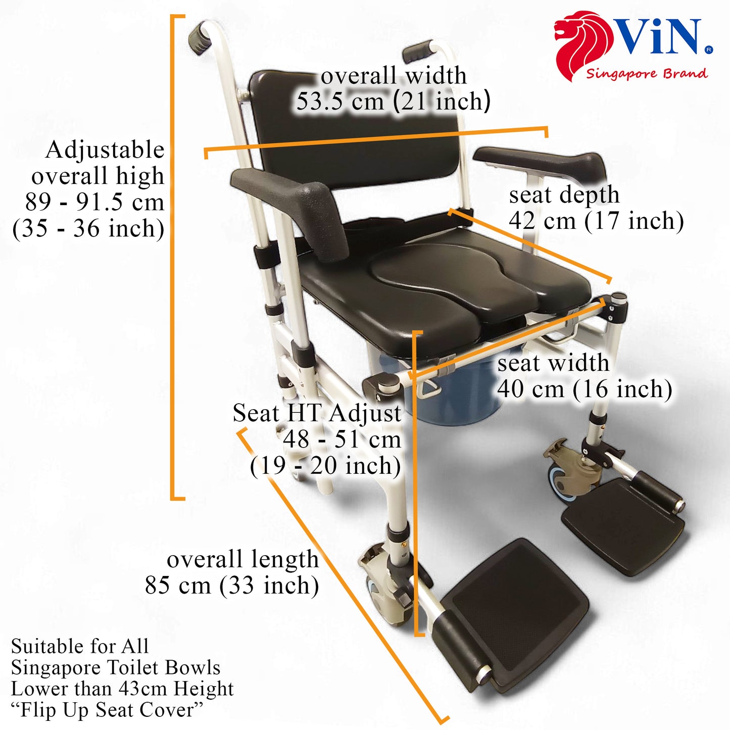 ViN-Z05 | Shower Commode Indoor Wheelchair + Foldable + Adjustable height + 4 Lockable Wheels + Flip Down Armrest