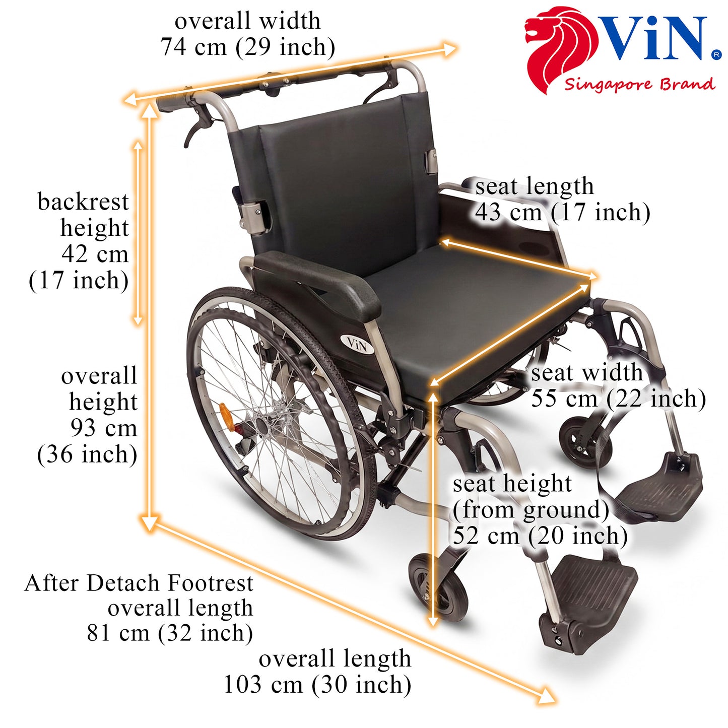 ViN-46AL Heavy Duty BIG Wheelchair 22" Wide Seat [Holds 150kg]