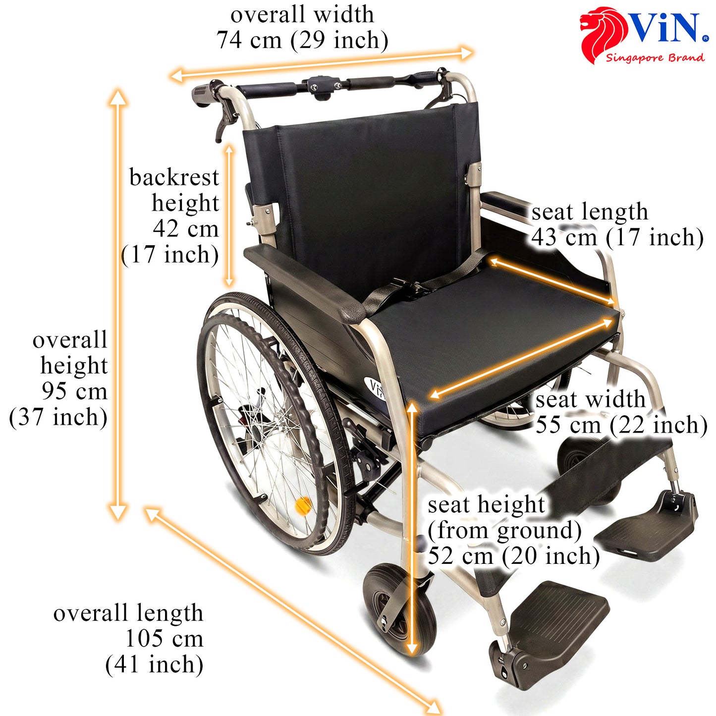 ViN-35AL Big Large Lightweight 13.8 kg Wheelchair 22" Seat Width [Holds 150kg]