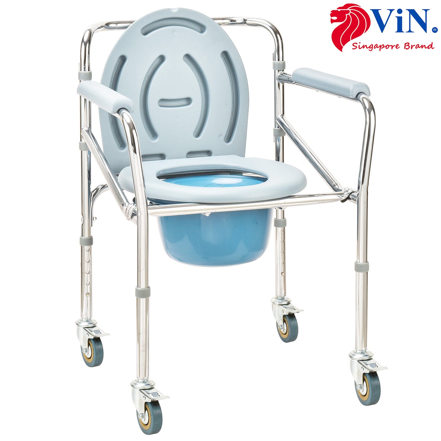 ViN-K03 | Commode Chair - Foldable + Adjustable height + 4 Lockable Wheels