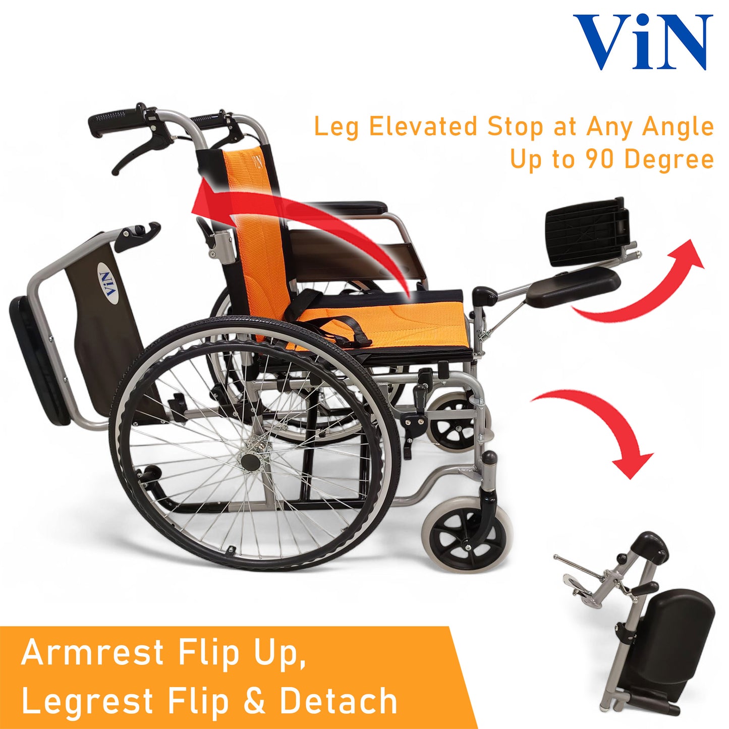 ViN 12A2-EL | Wheelchair Leg Elevated +Self Propelled + Detachable Leg Rest + Flip-up Armrest + Anti-tipper
