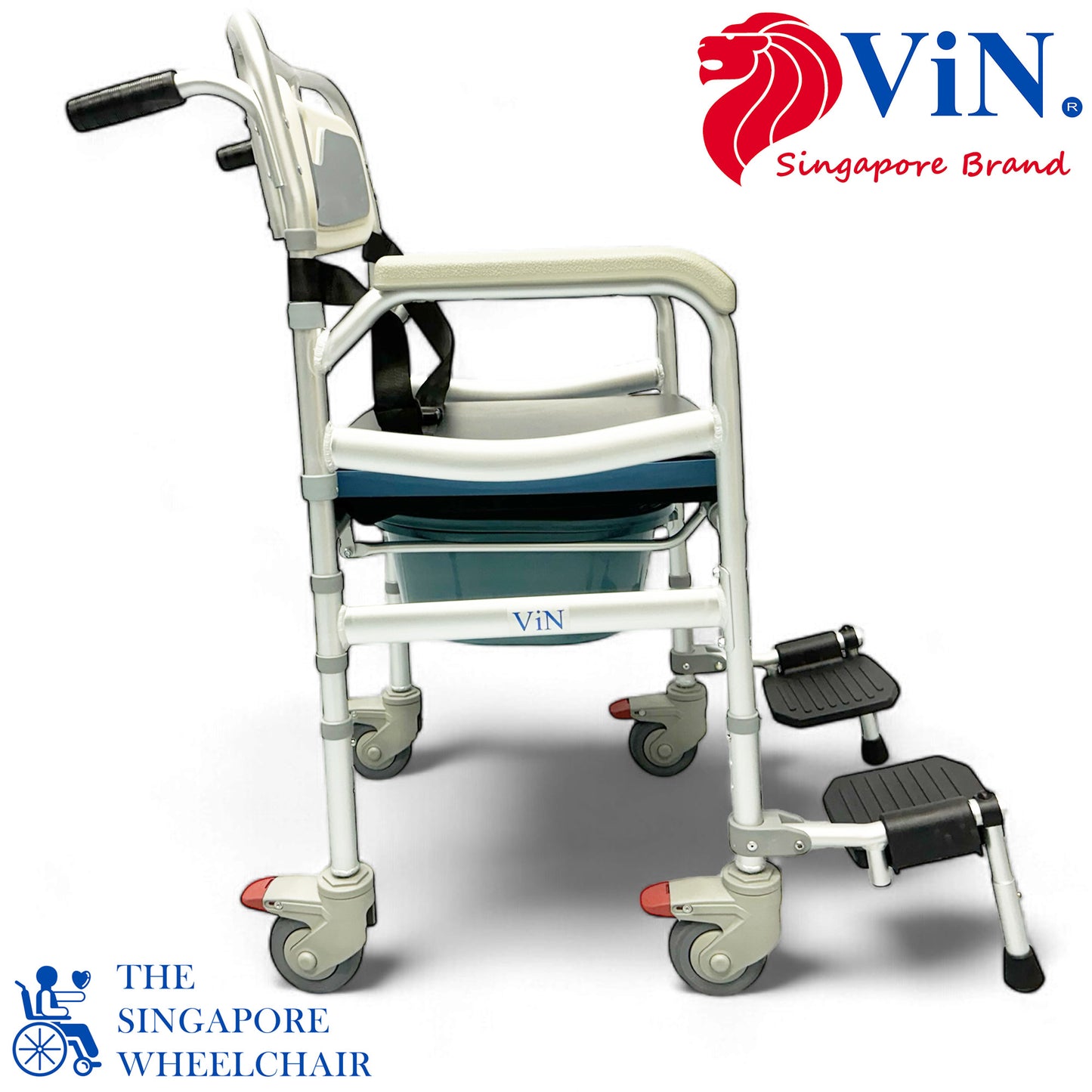 ViN J02 | Shower Commode Indoor Wheelchair + Adjustable height + 4 Lockable Wheels