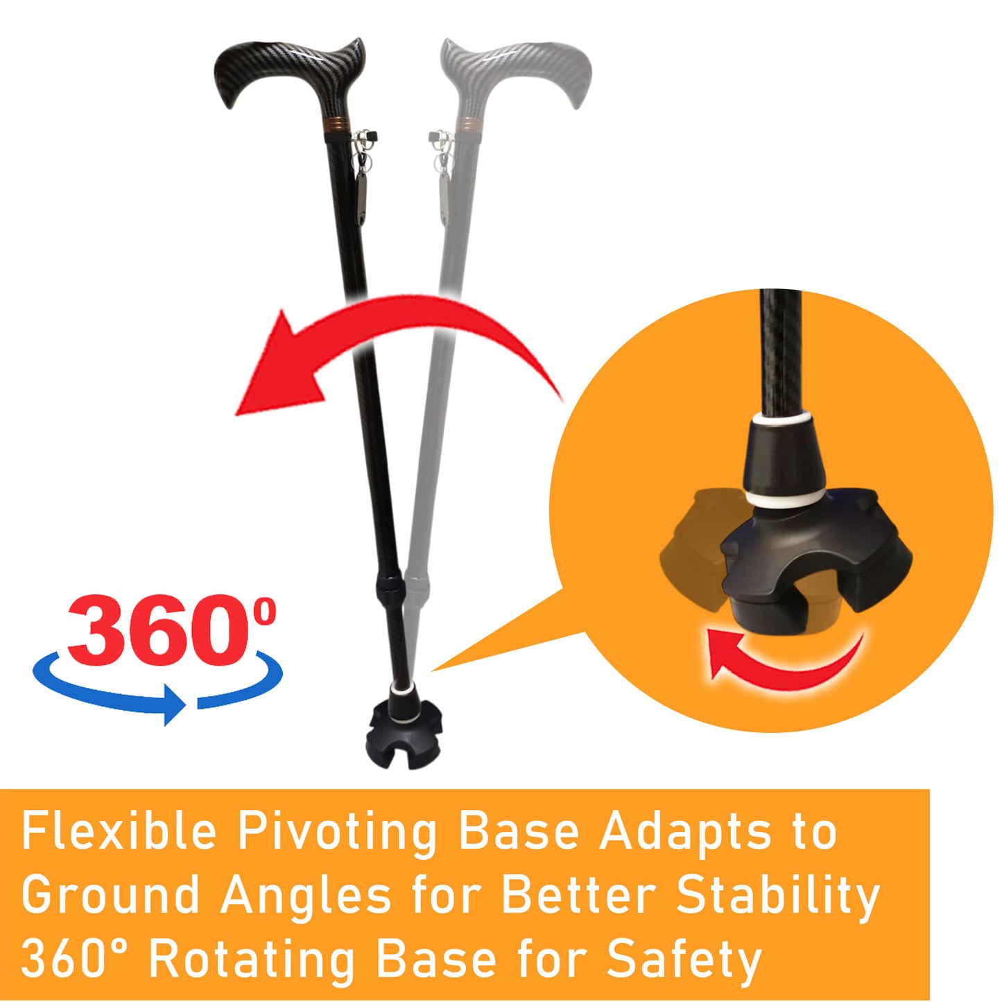 ViN-WS08 | Carbon Fiber Cane + Ultra lightweight 0.2 kg + Self-Standing + 360 Degree Turn + 10 Section Adjustable +  Anti-Slip + Safety Strap + Flexible Tip