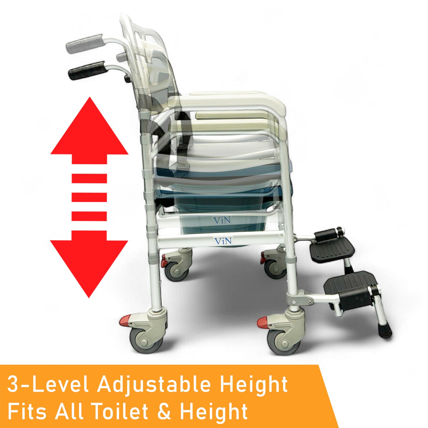 ViN J02 | Shower Commode Indoor Wheelchair + Adjustable height + 4 Lockable Wheels