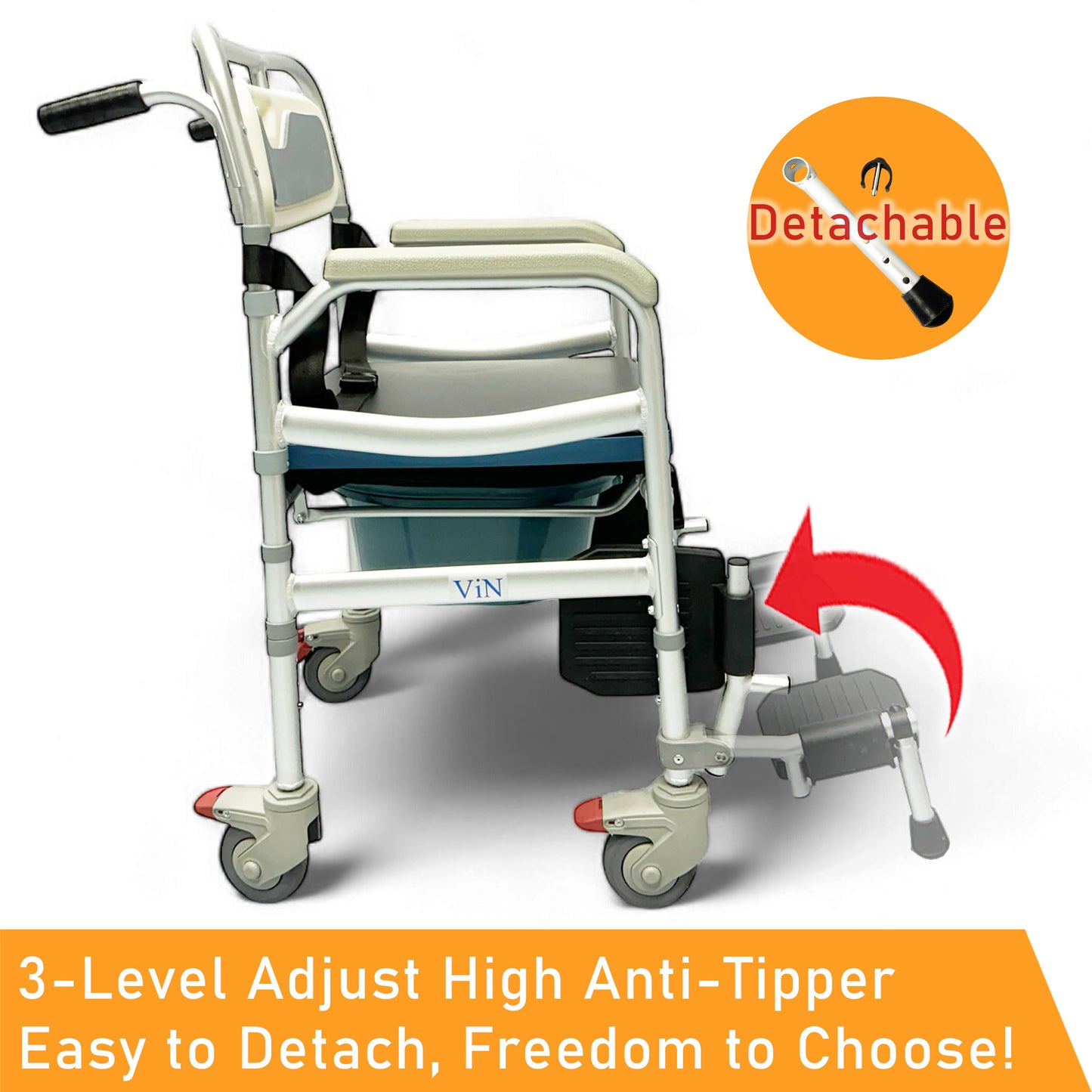 ViN J02 | Shower Commode Indoor Wheelchair + Adjustable height + 4 Lockable Wheels