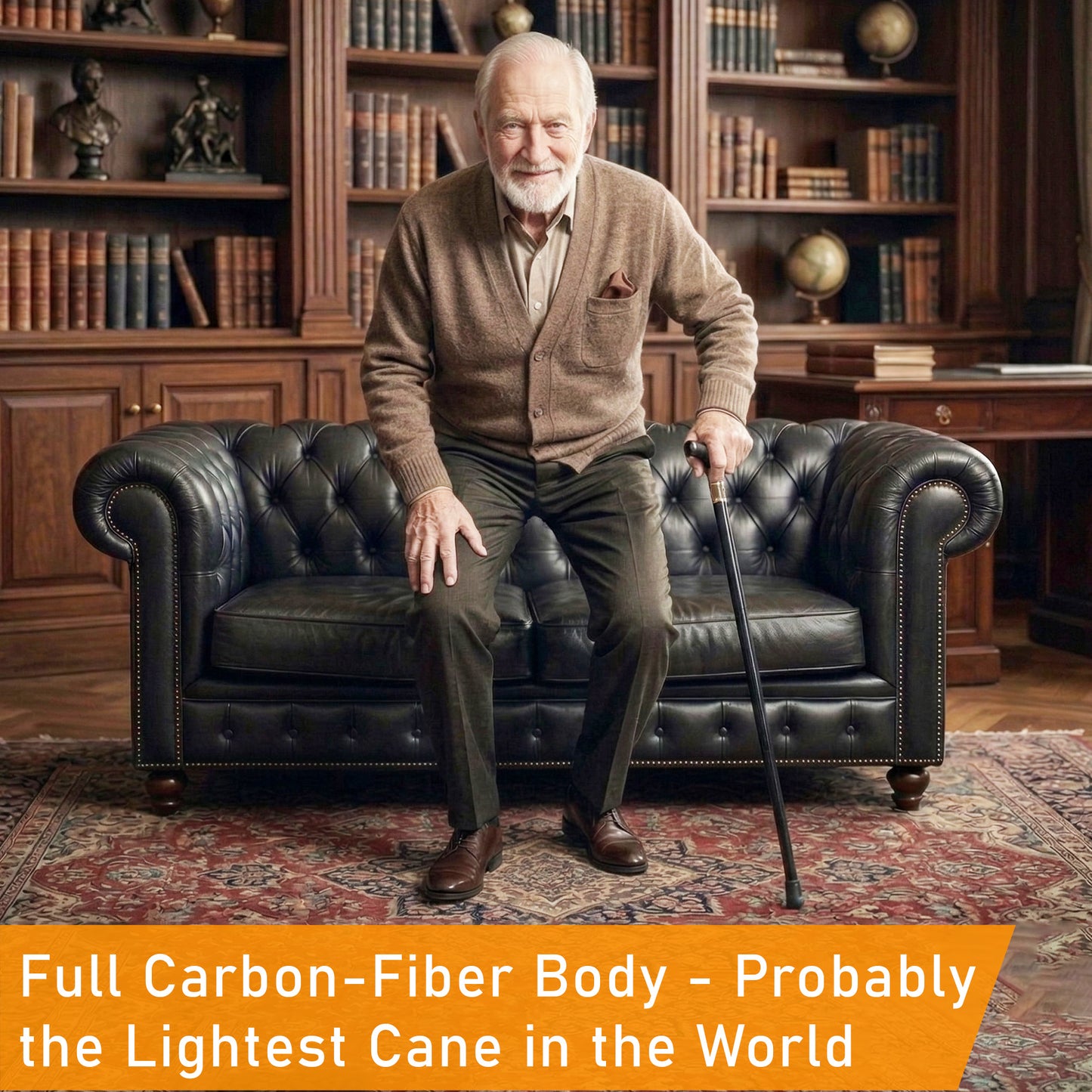 Ultra lightweight Carbon Fiber Cane – Adjustable Height, 2 in 1 Interchangeable Base, Lights, Anti-Slip & Strap