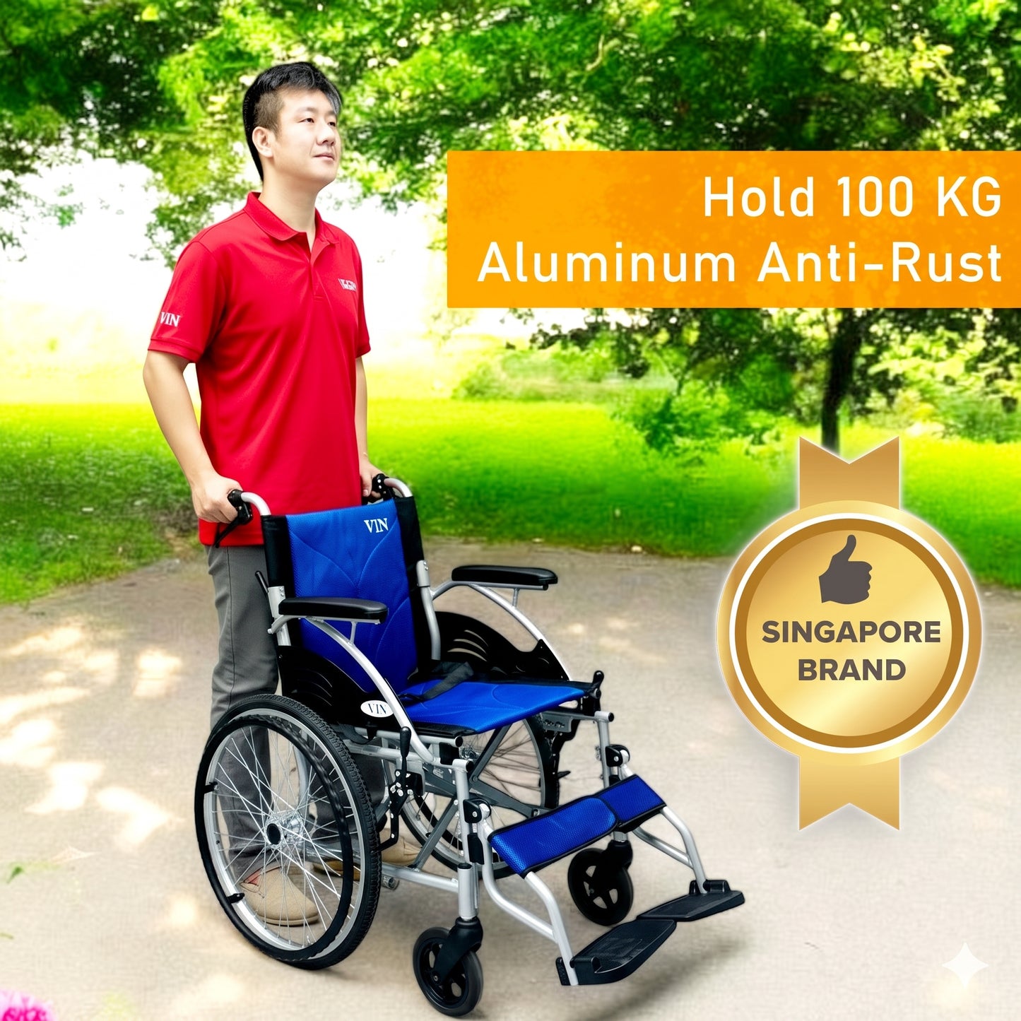 ViN 32A Self Propelled Wheelchair, strong model with fixed armrest and retractable footrest for daily mobility
