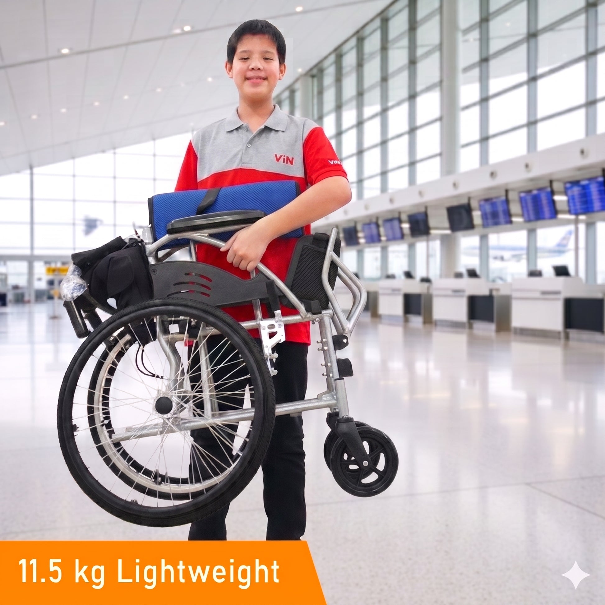 ViN 32A Self Propelled Wheelchair, strong model with fixed armrest and retractable footrest for daily mobility