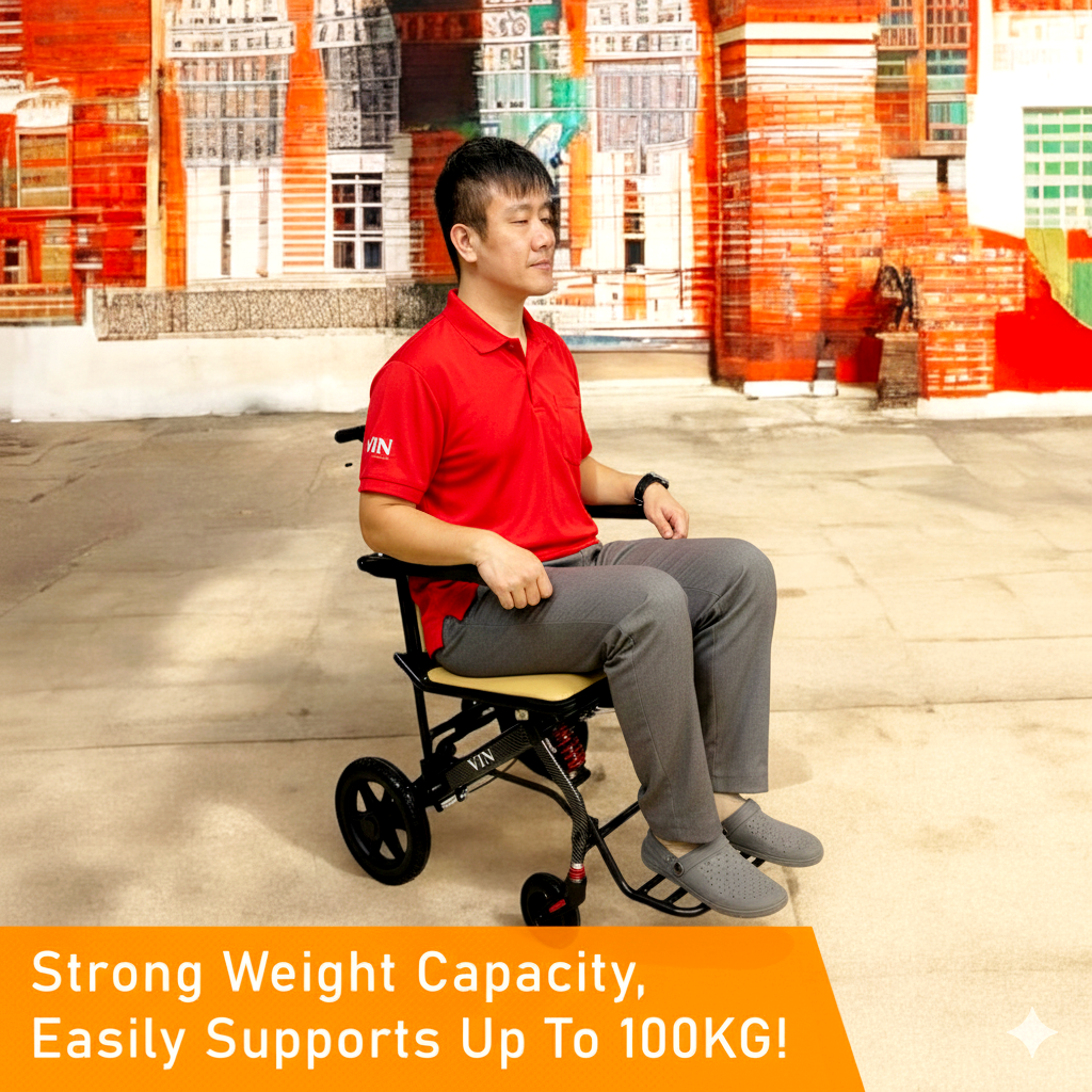 ViN A13 Travel Pushchair, wide seat lightweight wheelchair with suspension, flip-up armrest and footrest, cabin approved