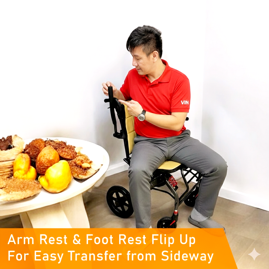 ViN A13 Travel Pushchair, wide seat lightweight wheelchair with suspension, flip-up armrest and footrest, cabin approved