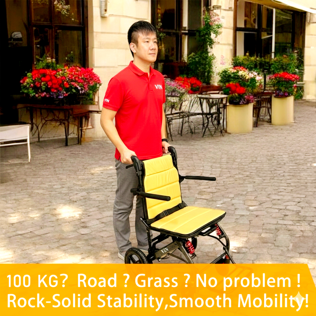 ViN A13 Travel Pushchair, wide seat lightweight wheelchair with suspension, flip-up armrest and footrest, cabin approved