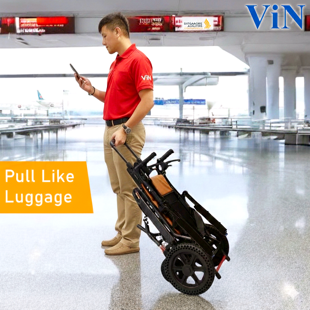 ViN-DA07 Travel Pushchair, wide seat lightweight wheelchair with suspension, flip-up armrest and footrest, cabin approved