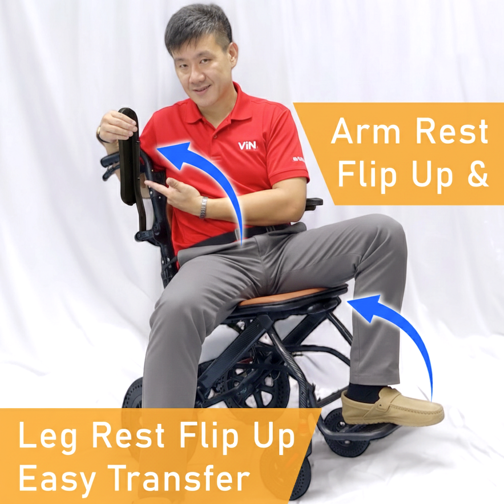 ViN-DA07 Travel Pushchair, wide seat lightweight wheelchair with suspension, flip-up armrest and footrest, cabin approved