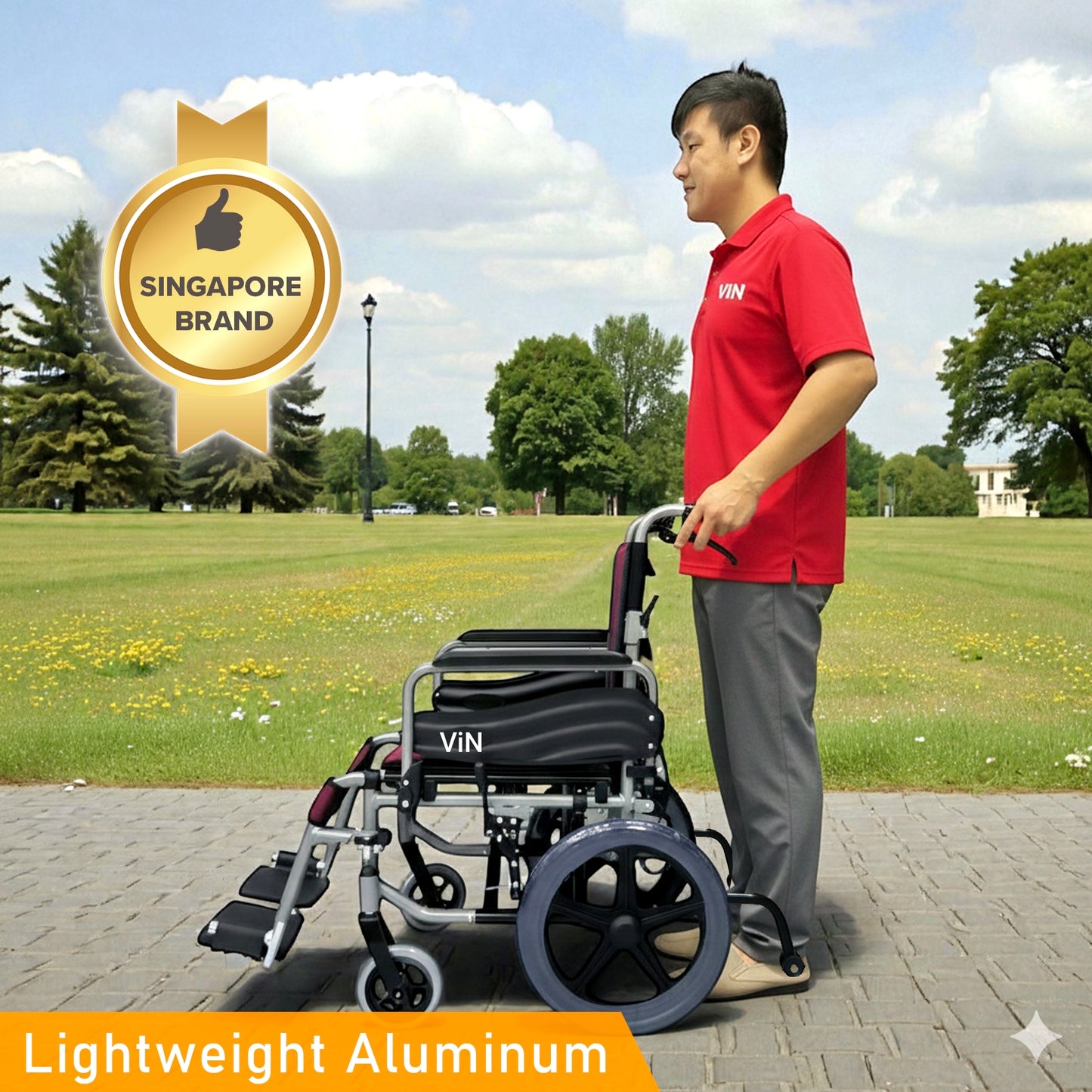 ViN-46A5S-18 Lightweight Detachable Wheelchair with Washable Cushion [18 Inch Seat] Pushchair