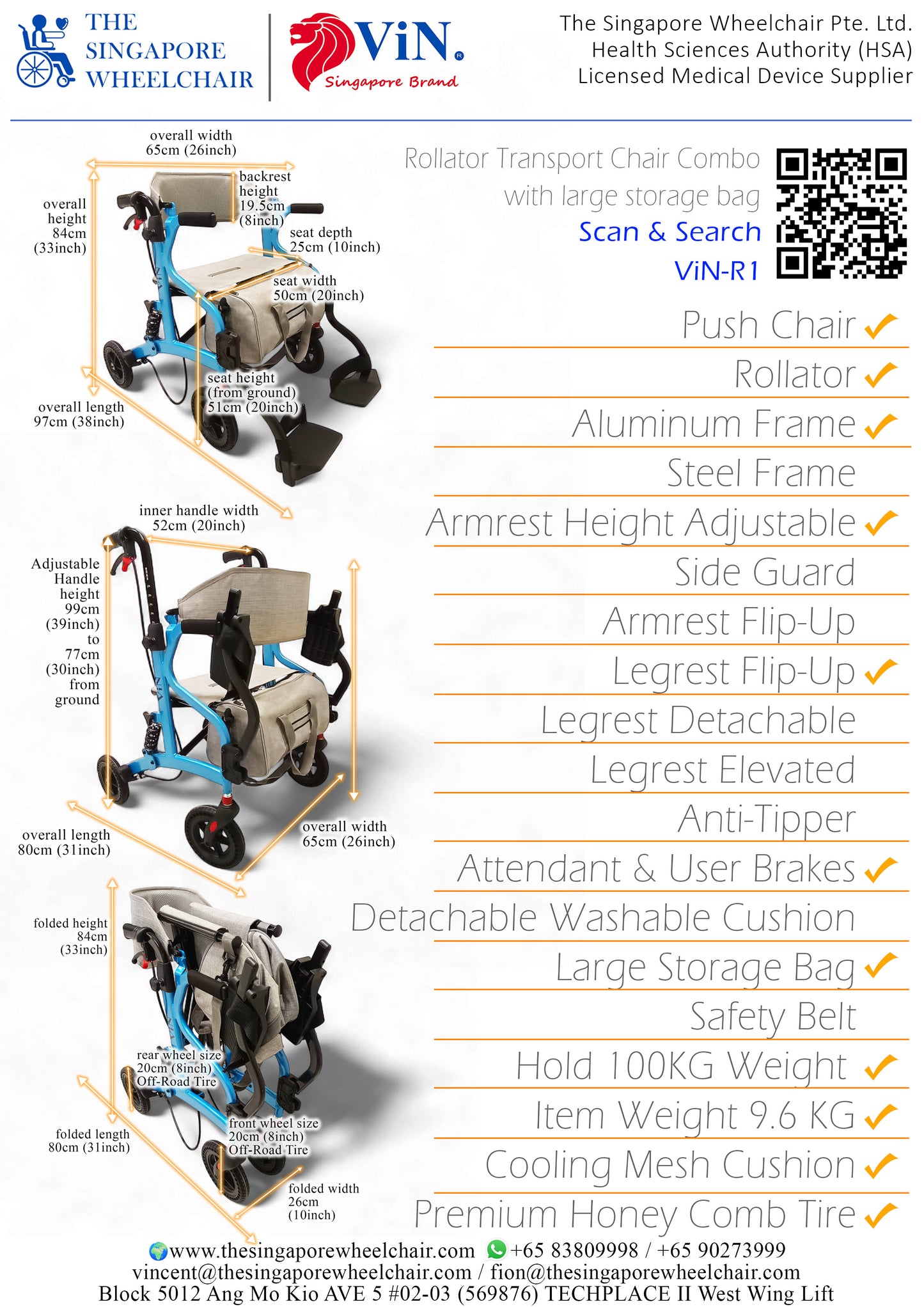 ViN-R1 | Rollator + Adjustable Height Handle + Flip-up Footrest + Suspension + Lightweight + Removable Rollator Storage Bag + Dual Brake System