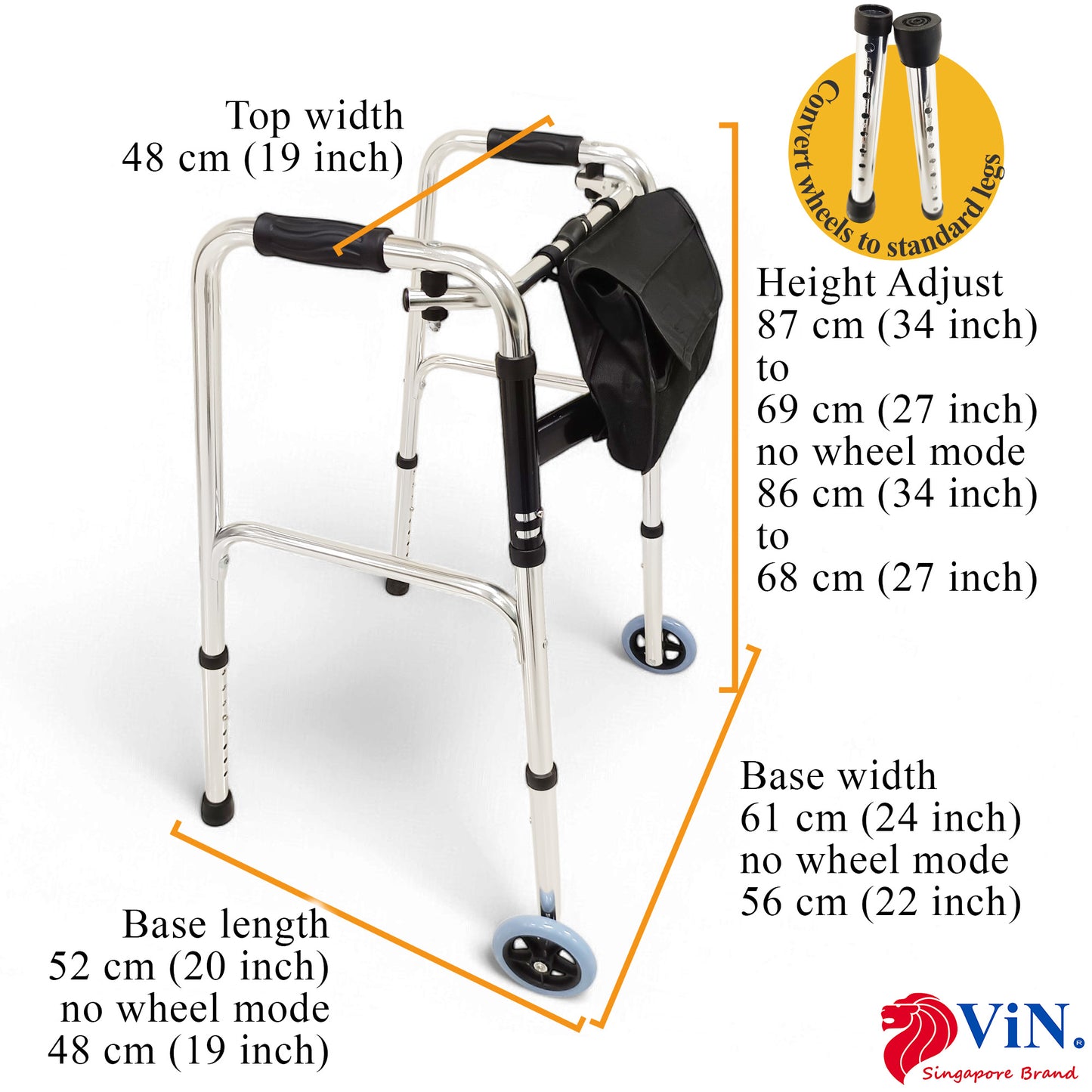 ViN-WF01 | ( * WITHOUT SEAT ) Elderly Walking Aid 2.9 kg Ultra Lightweight Aluminum Staggered Walking Function