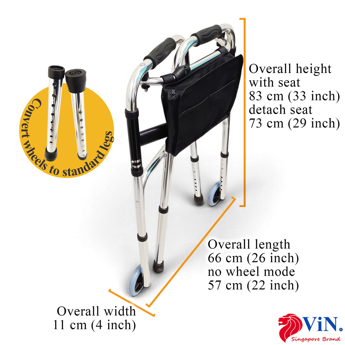 ViN-WF01 | ( * WITHOUT SEAT ) Elderly Walking Aid 2.9 kg Ultra Lightweight Aluminum Staggered Walking Function